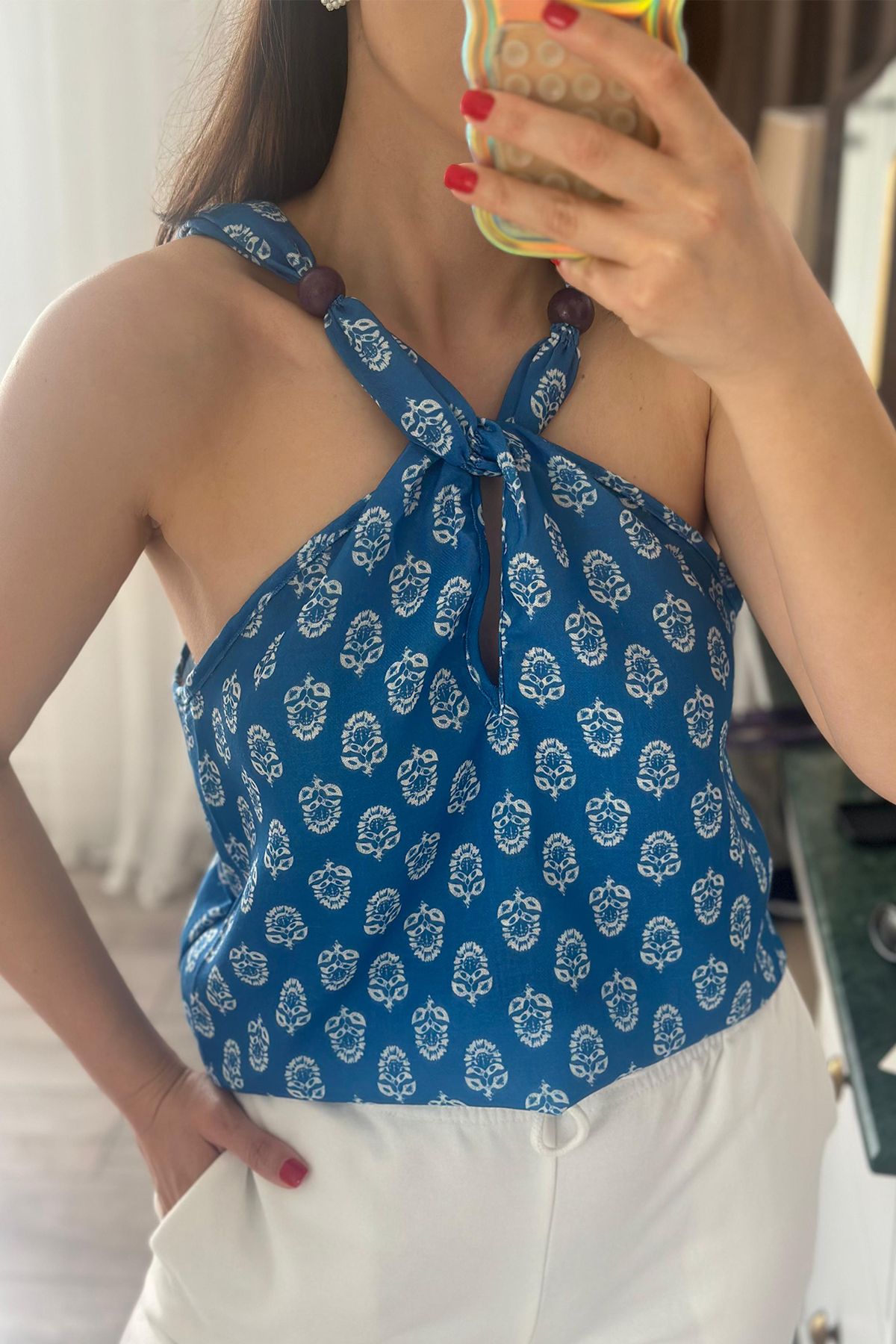 Unique Boutique Mavi Keten Kumaş Desenli Bluz
