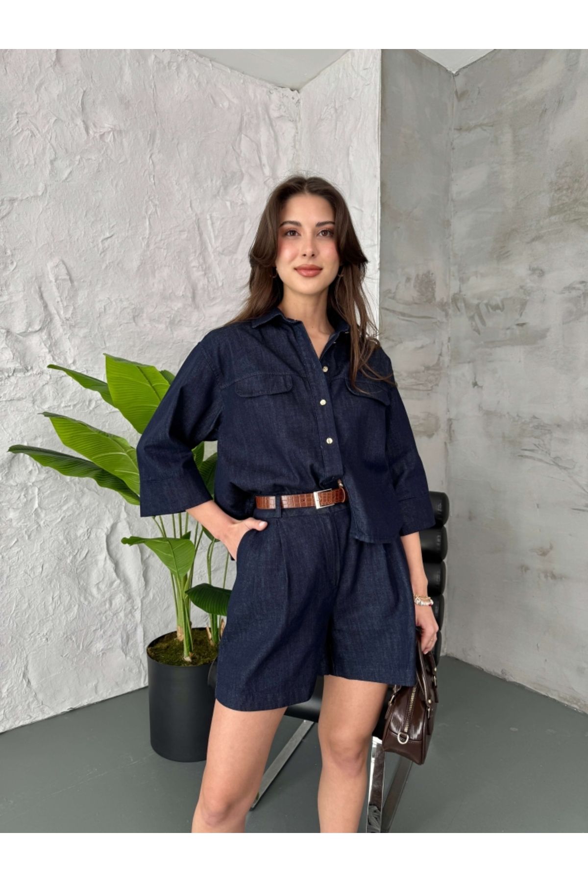 Elif Özbey Butik Premium İnce Denim Şort Gömlek Takım