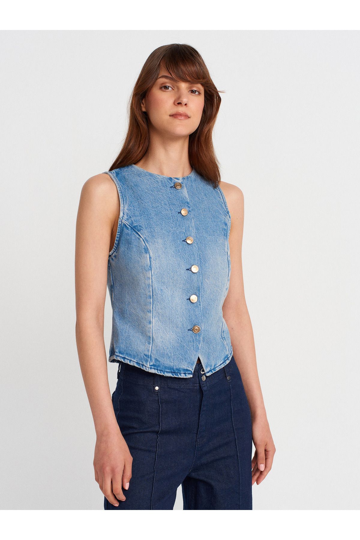 Dilvin 50754 Sıfır Yaka Denim Yelek-Tint