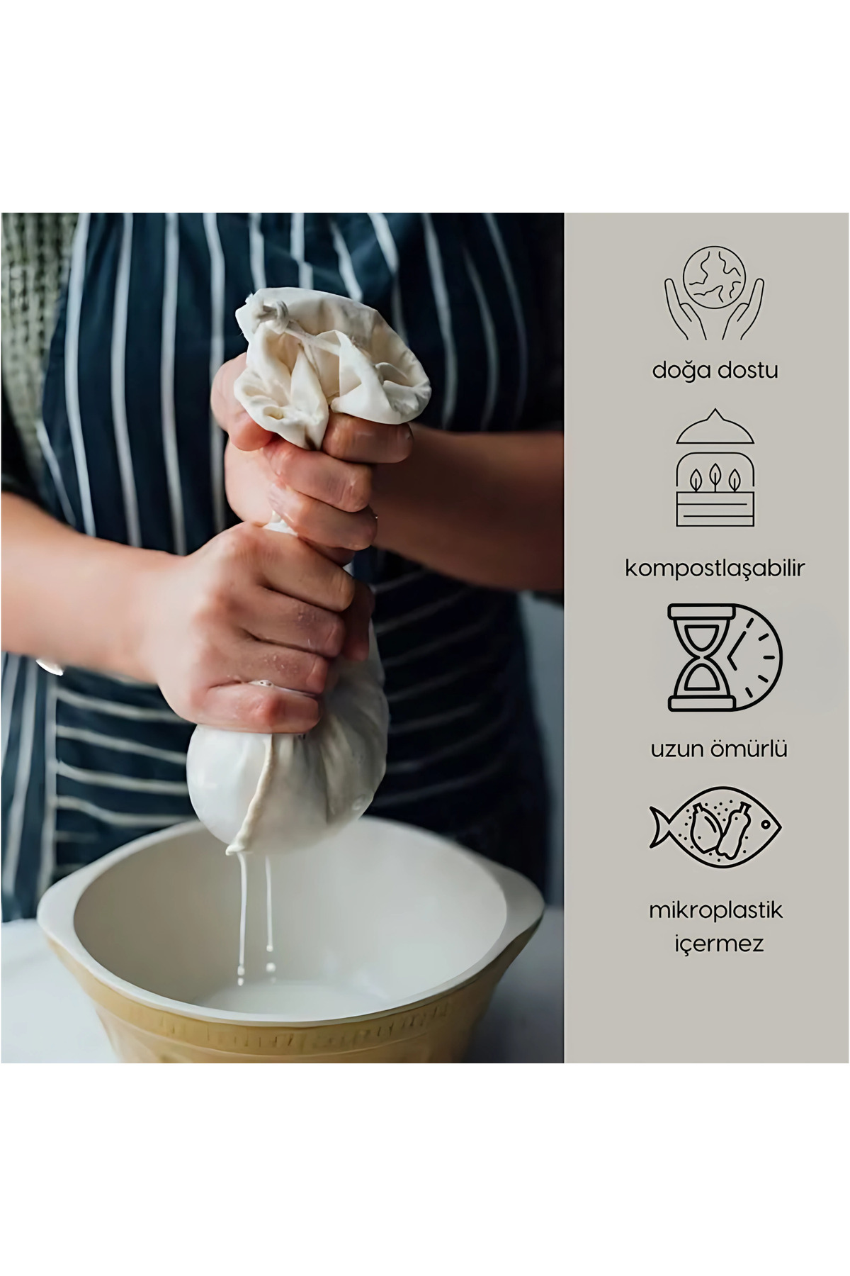 GUNBO HOME 25x30 cm 5 Adet Organik Pamuk Süzme Kesesi Süt Bezi Çok Amaçlı Kese Süt Bezi Yoğurt Peynir fotoğrafı 5 (önizleme)
