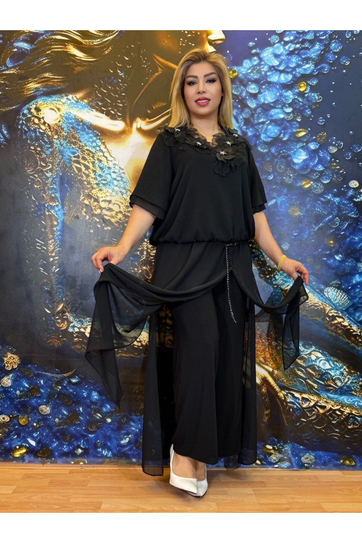Yeşilmoda Takım,Gömlek ve etekli pantolon,Rayon,İpek krep,Taş ve dantel,V yaka,Şık gece,yırtmaçlı,Likralı bel