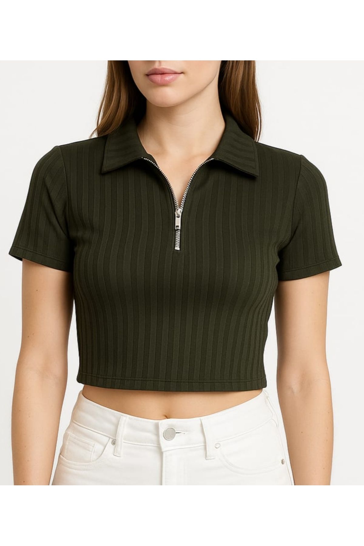 CASUALSTYLE YARIM FERMUAR DİK YAKA KISA KOLLU CROP