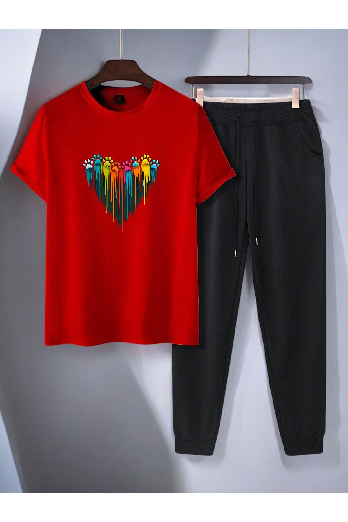uyguntarz Unisex Pati Kalp Tasarım Basklı Tshirt Eşofman Takımı