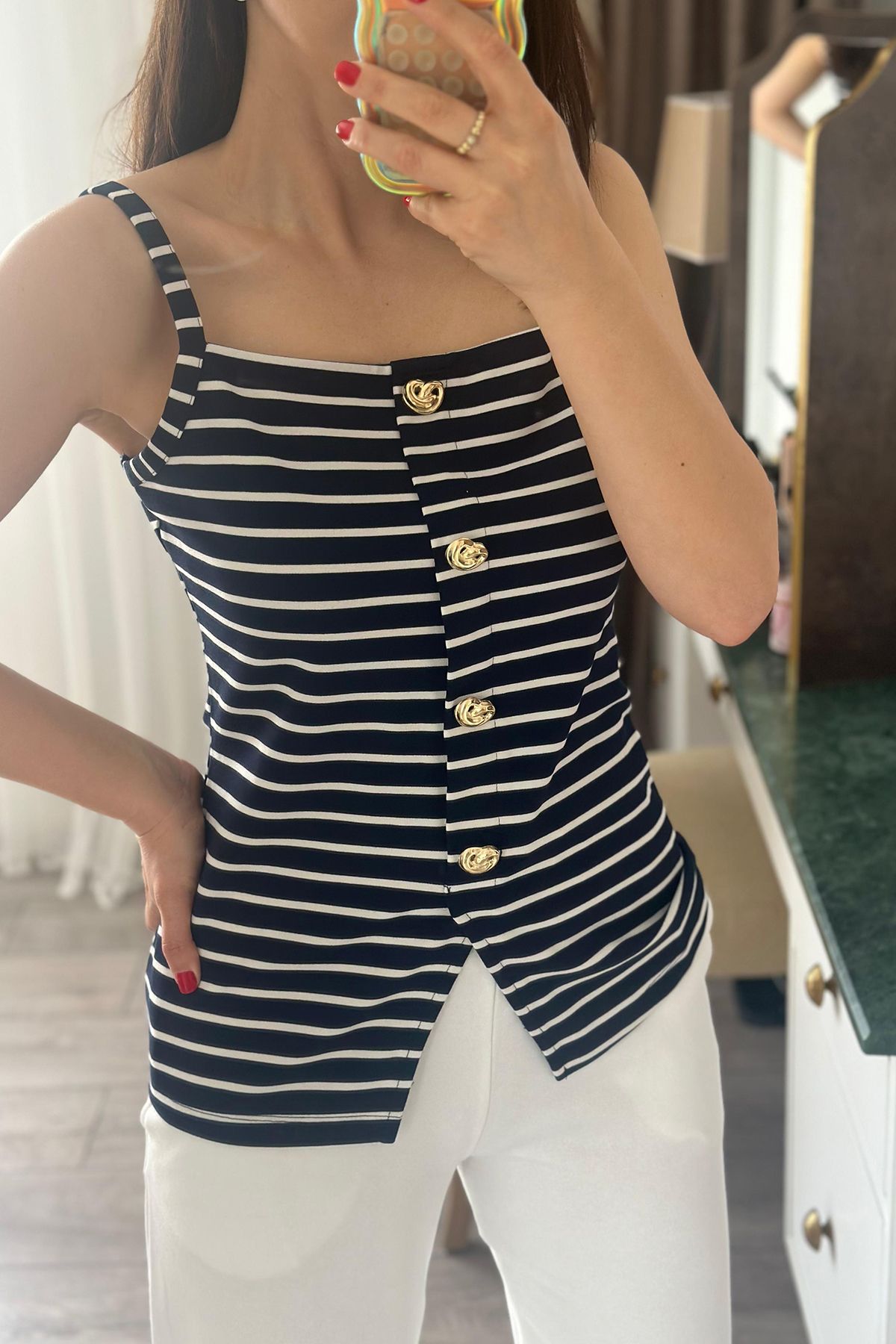 Unique Boutique Lacivert Beyaz Çizgili River Gold Düğmeli Pamuklu Bluz