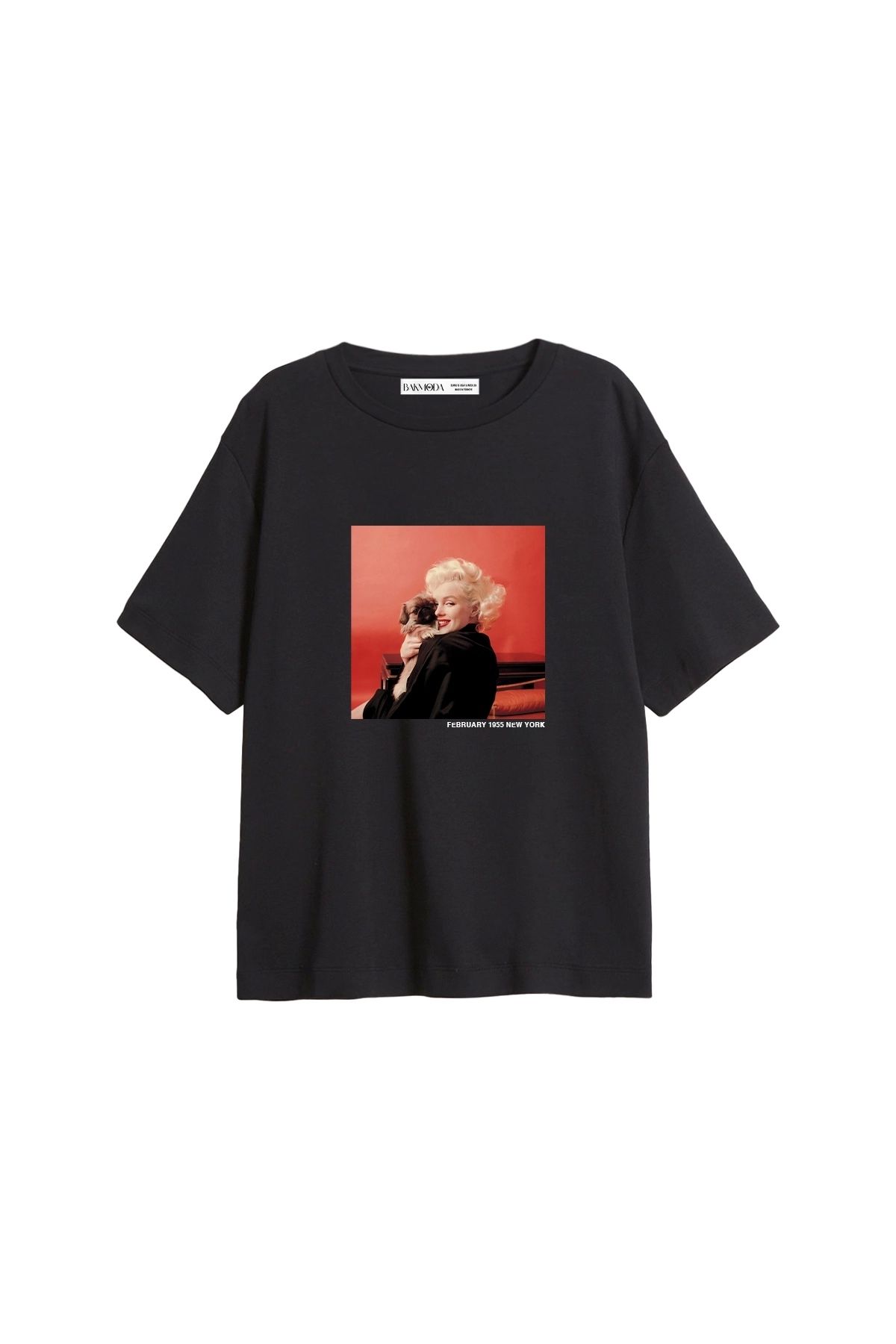 CİNEMA MODA Marilyn Monroe & Dog Baskılı Relaxed Fit Siyah Kadın Tshirt
