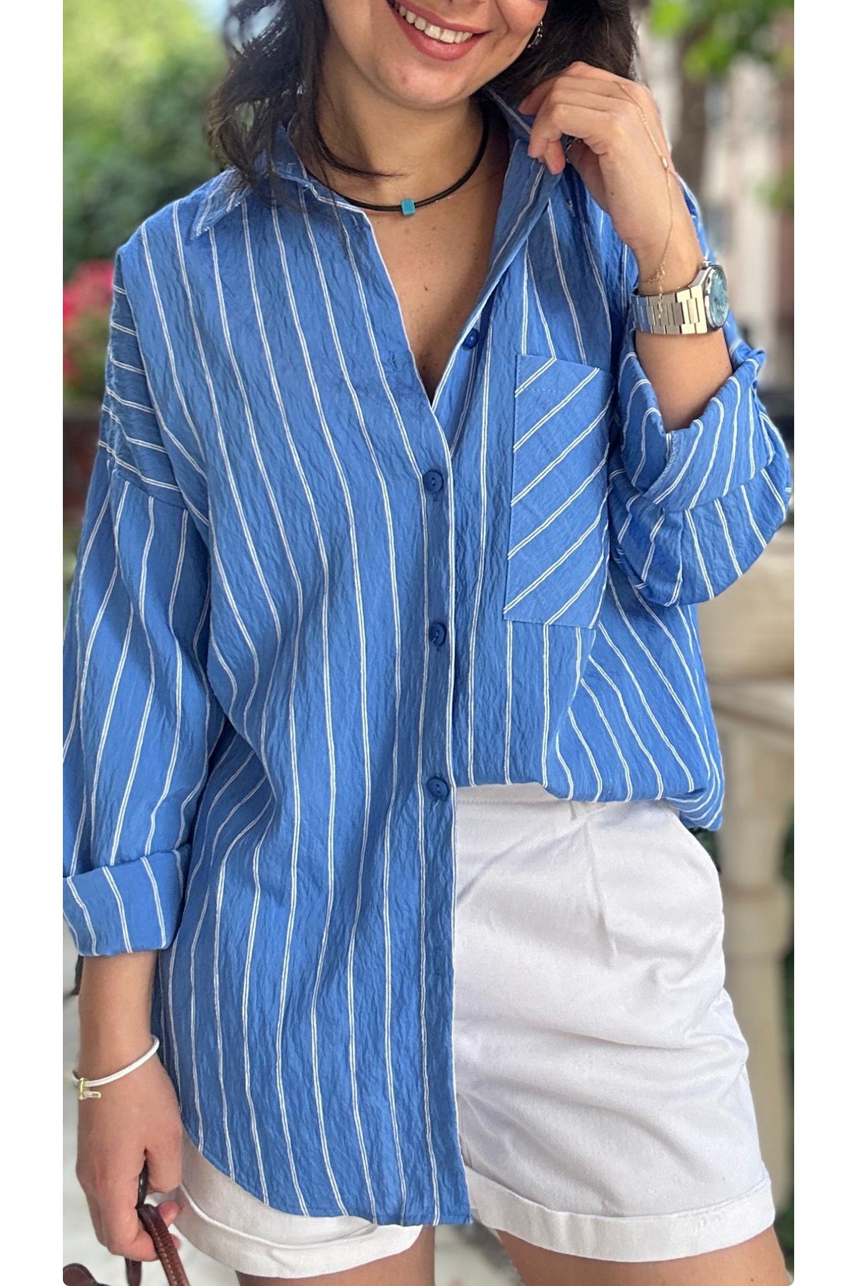 LaSorella Butik KADIN MAVİ ÇİZGİLİ GÖMLEK