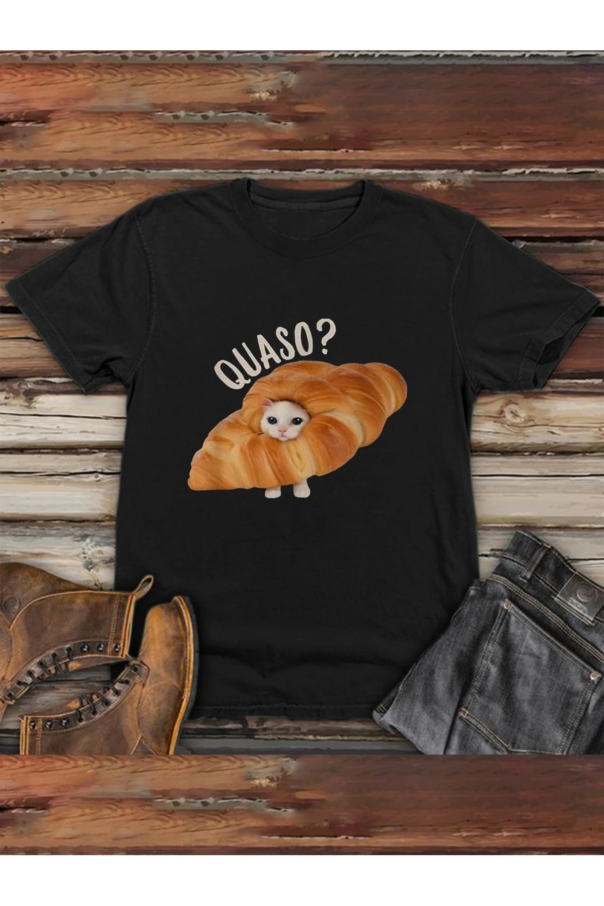 LUNAVISTA Komik Kruvasan Kedi Tişörtü - Garip Baskı "Kwasau?"