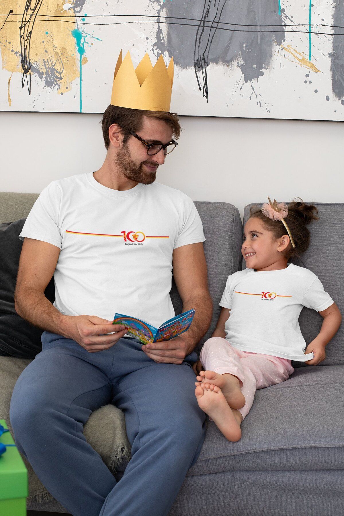 Sister Home Design 2'li Göztepe 100. Yıl - Şan Şeref Dolu 100 Yıl Kısa kollu bisiklet yaka t-shirt Baba Kız