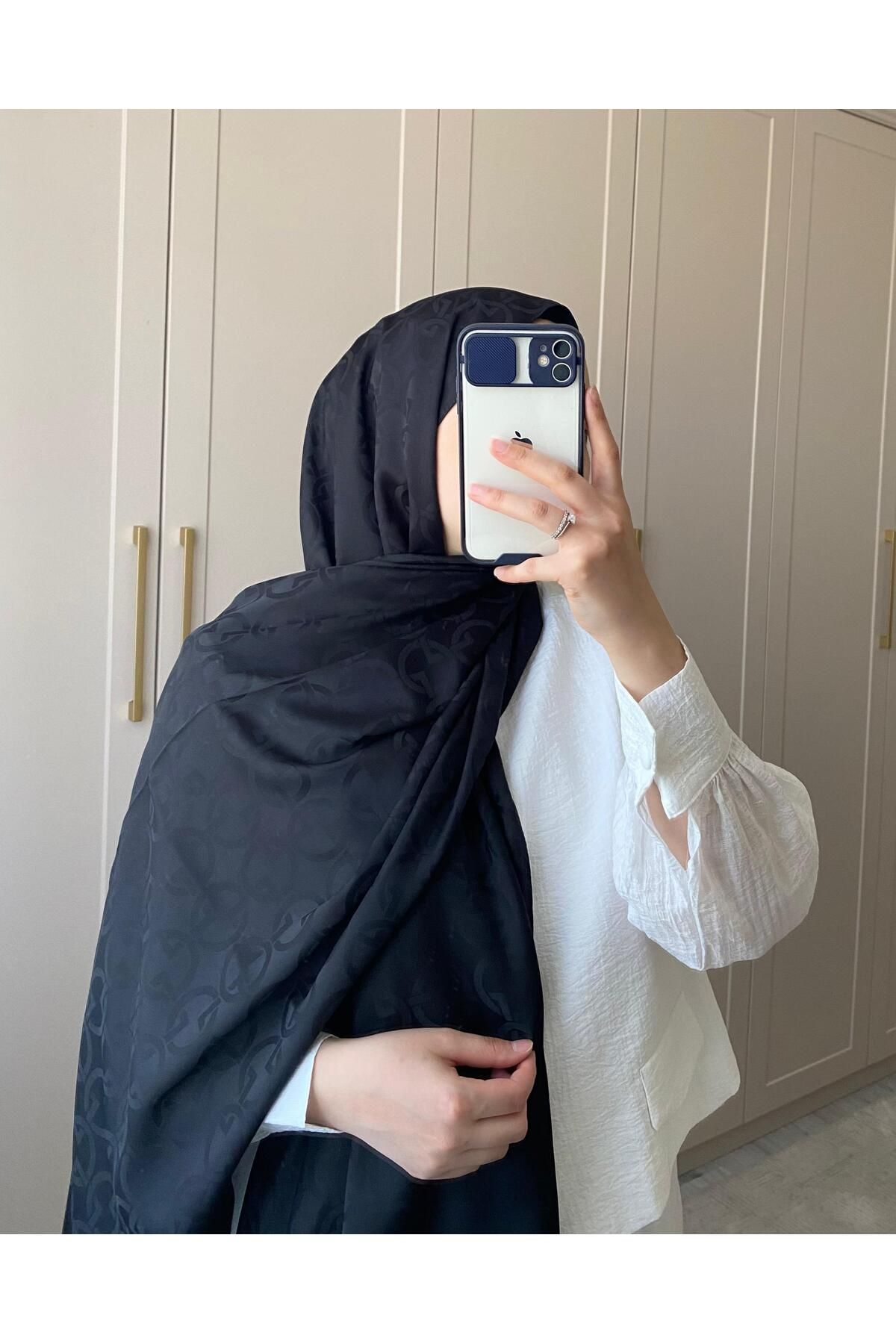 NUESSA Geometrik Desenli Jakar Siyah Şal