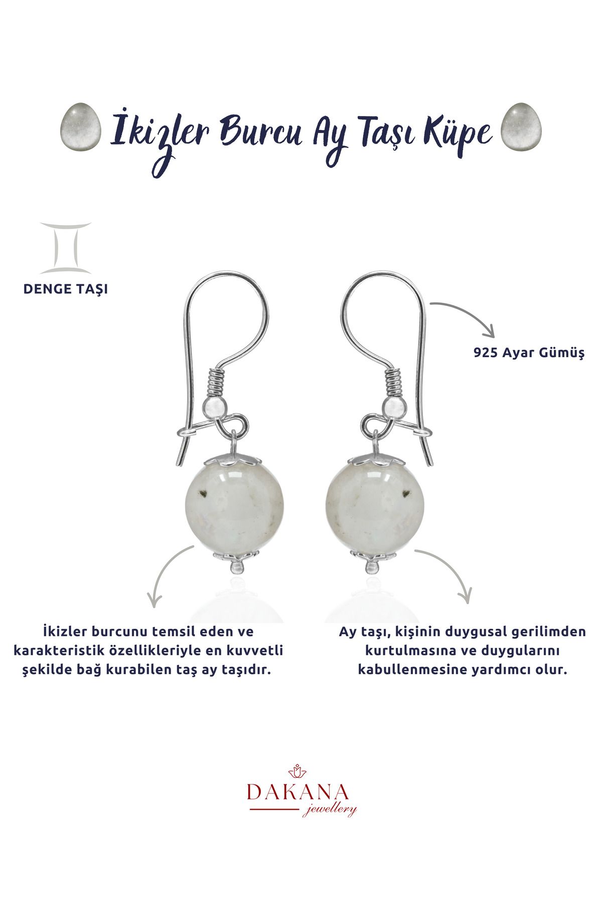 DAKANA JEWELLERY Sertifikalı Doğal Ay Taşı İkizler Burcu Gümüş Küpe