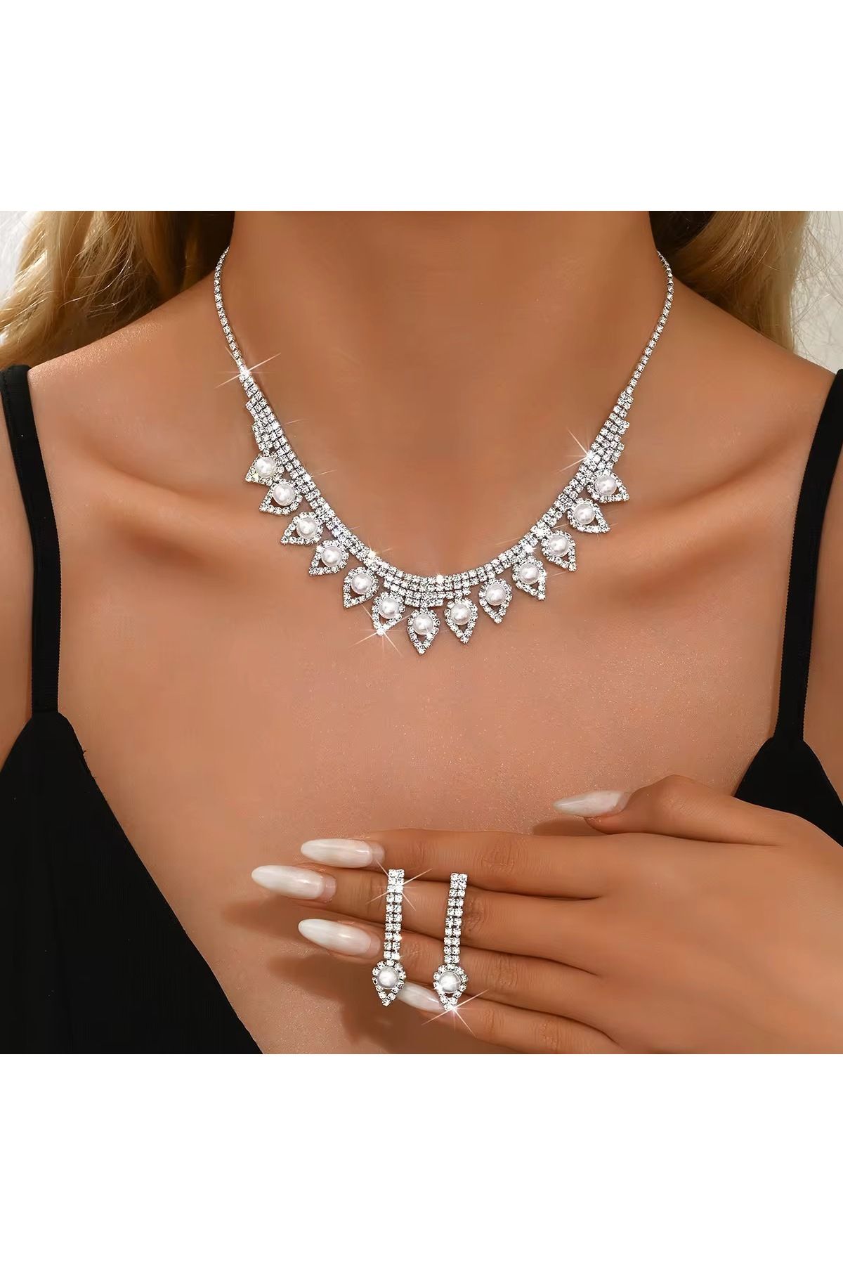 BEREN KILIÇ Letho İncili Zirkon Taşlı Takı Seti Kolye Küpe Hediye Set Düğün Nişan Söz Nikah Takı Seti