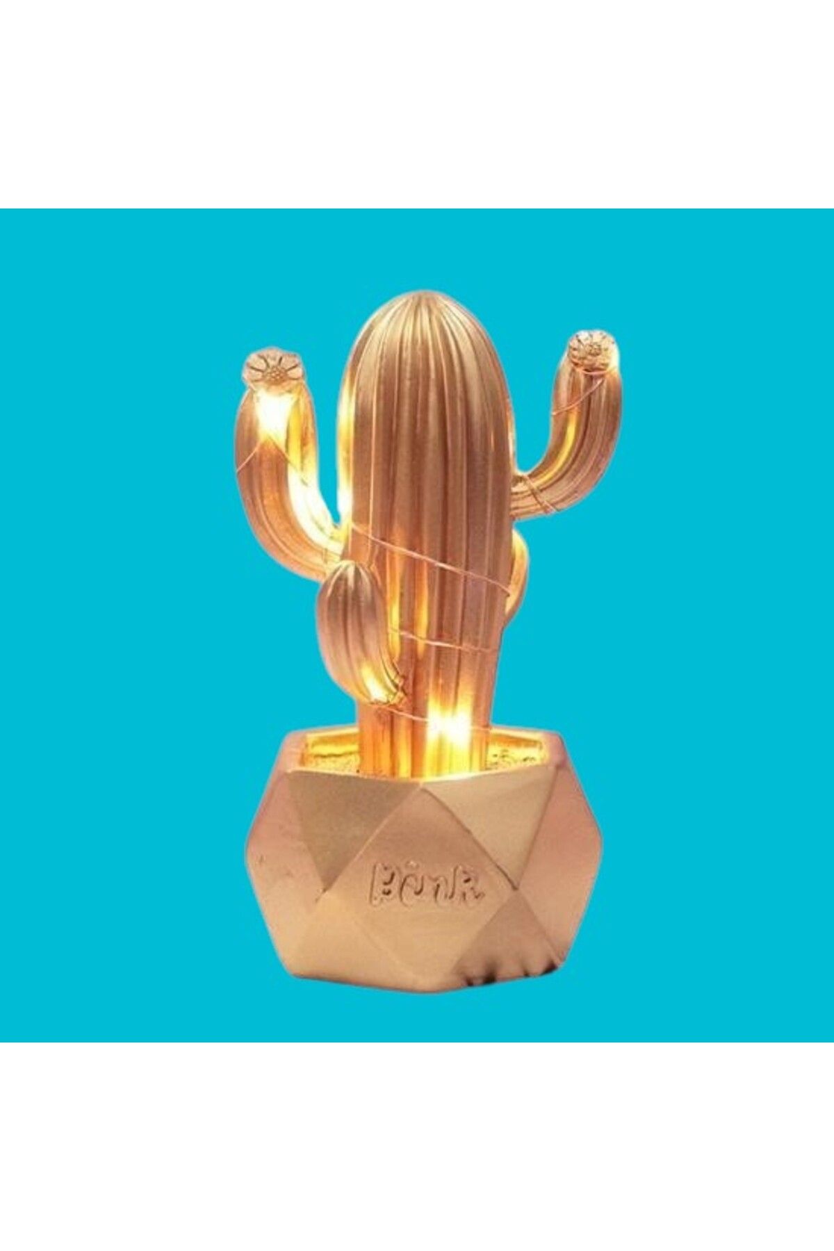 PratikAI Led Işıklı Dekoratif Kaktüs Biblo | Gold Renk & Gece Lambası