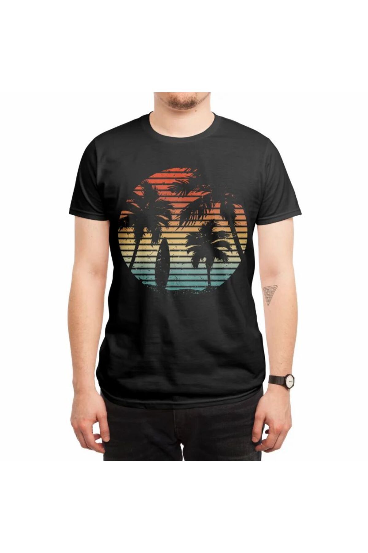 ship master Unisex Tropikal Gün Batımı ve Sörfçü Tasarımlı Tişört