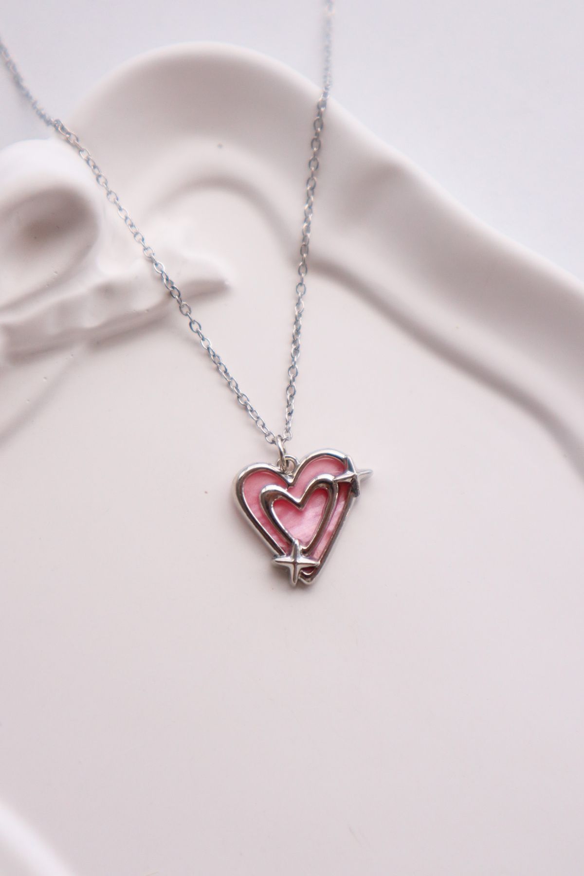EFBUTİK Gümüş Renk Zincirli Pink Two Heart İthal Kolye