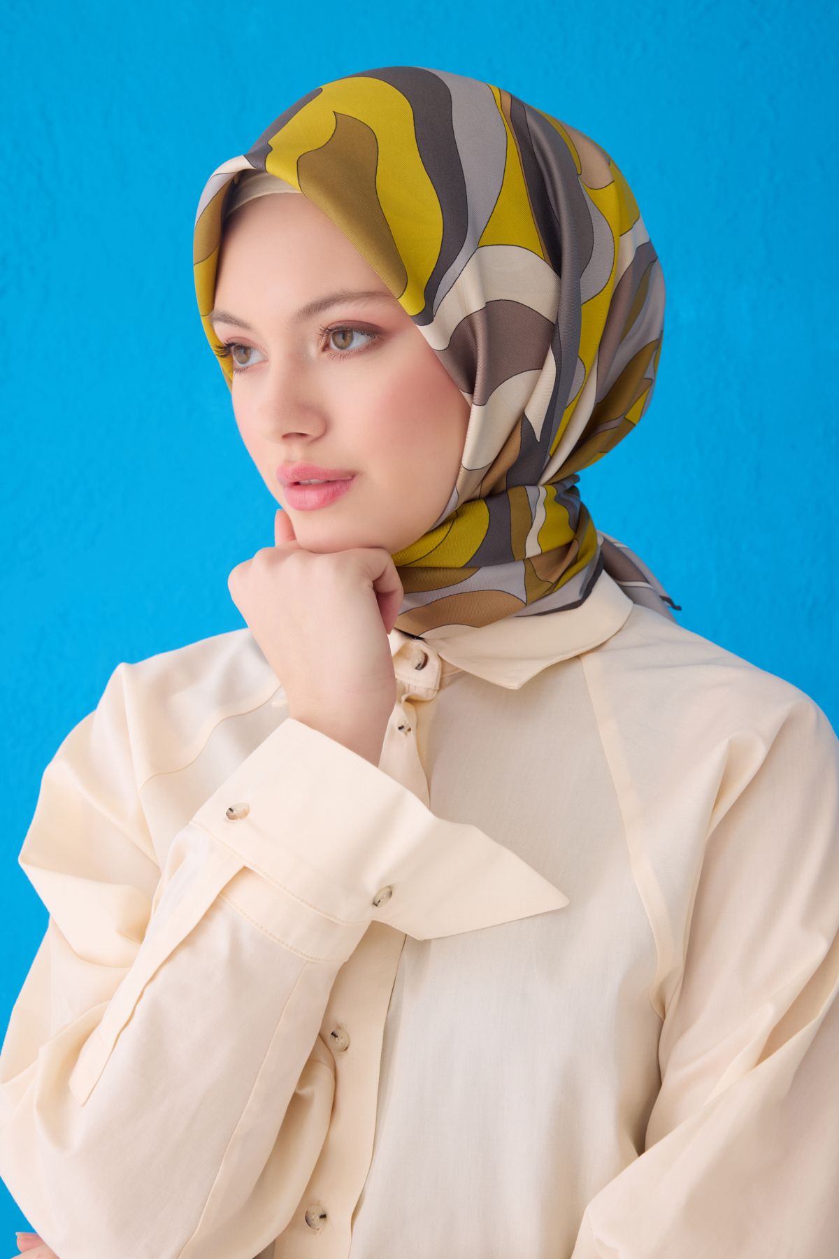 Belli Twill İpek Eşarp Gri, Yağ Yeşili, Bej