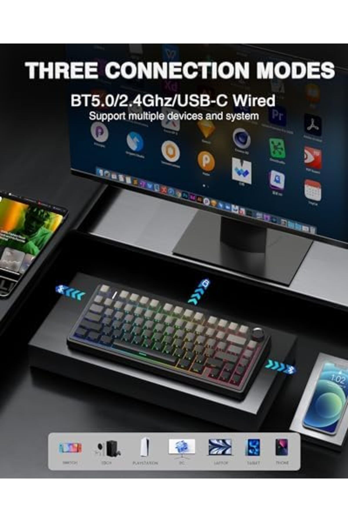 Aula-F75 Pro Mechanical Gaming Keyboard, Side Engraved, 2.4GHz/Type C/BT5.0, 75% Wireless, Swapable 6