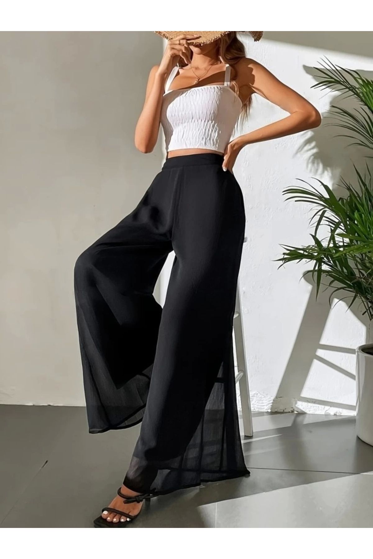 buHillco Kadın Yüksek Bel Geniş Paçalı Siyah Şifon Pantolon