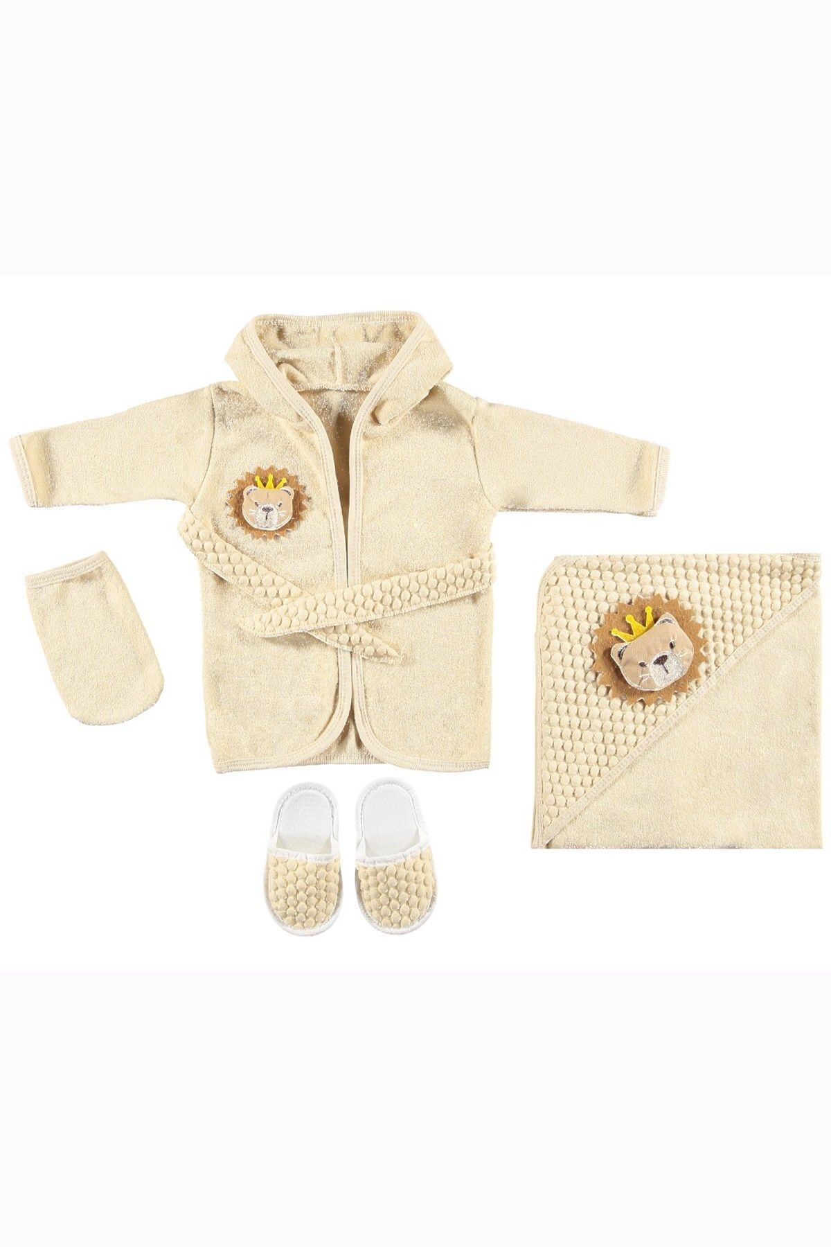 minuma Bebek Organik Lux Aslan Desenli Bornoz Set