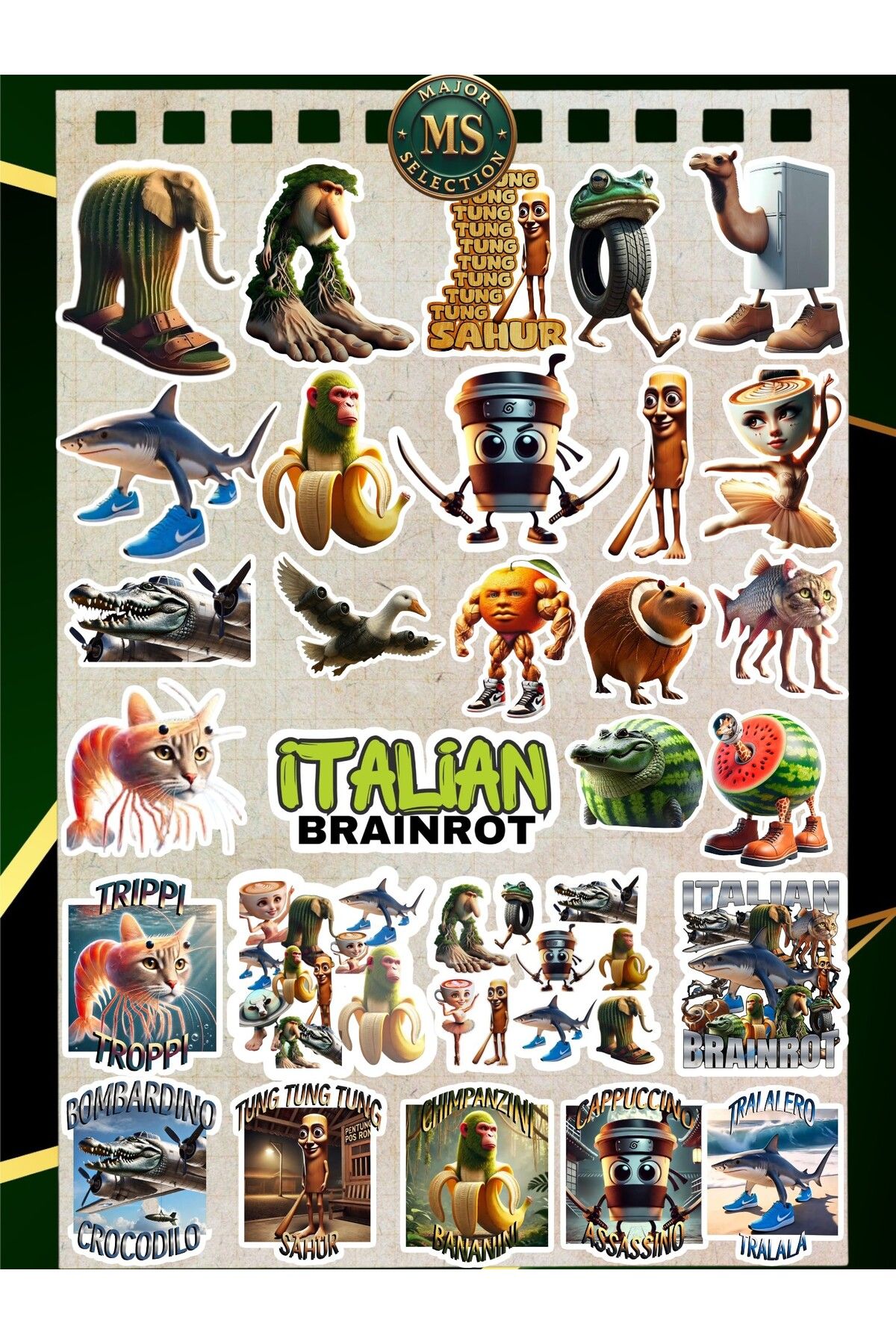 MS Major Selection Italian Brainrot 28’li Sticker Seti | Tralalero, Bombardiro, Boneca | Mizahi Çıkartmalar
