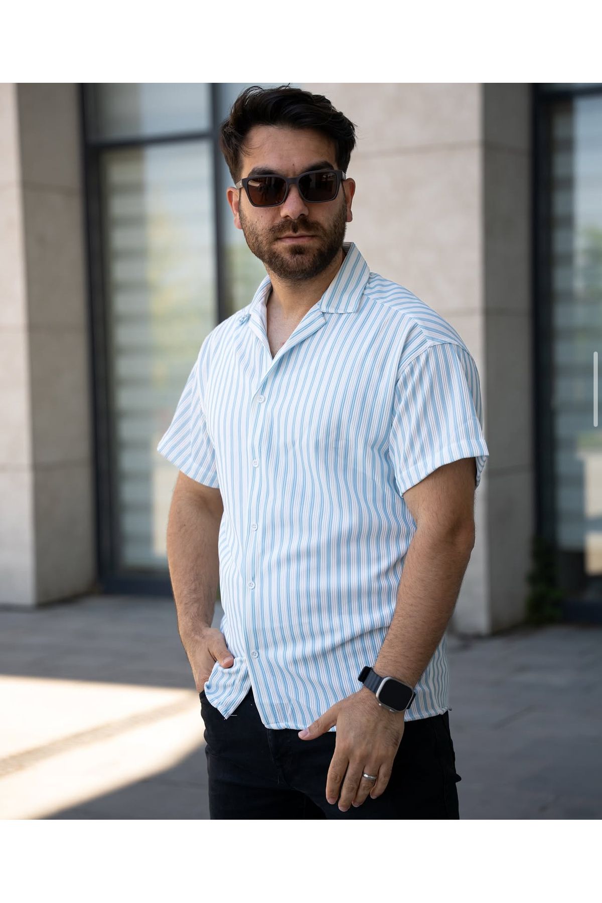 MODA KISA KOL ÇİZGİLİ GÖMLEK