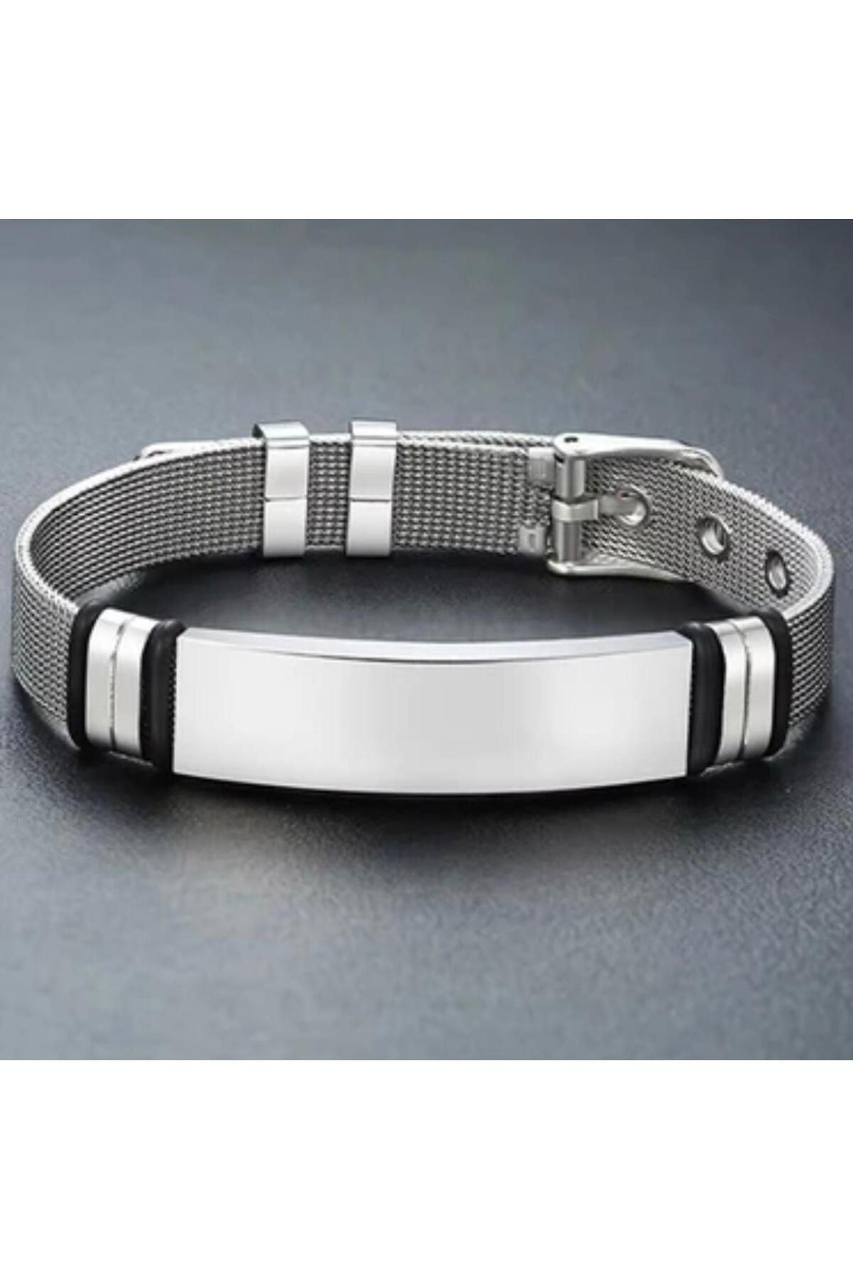 Bay hediye Tamamı Saf Çelik Silver Kemer Kordonlu Sade Şık Çelik Bileklik 23 cm