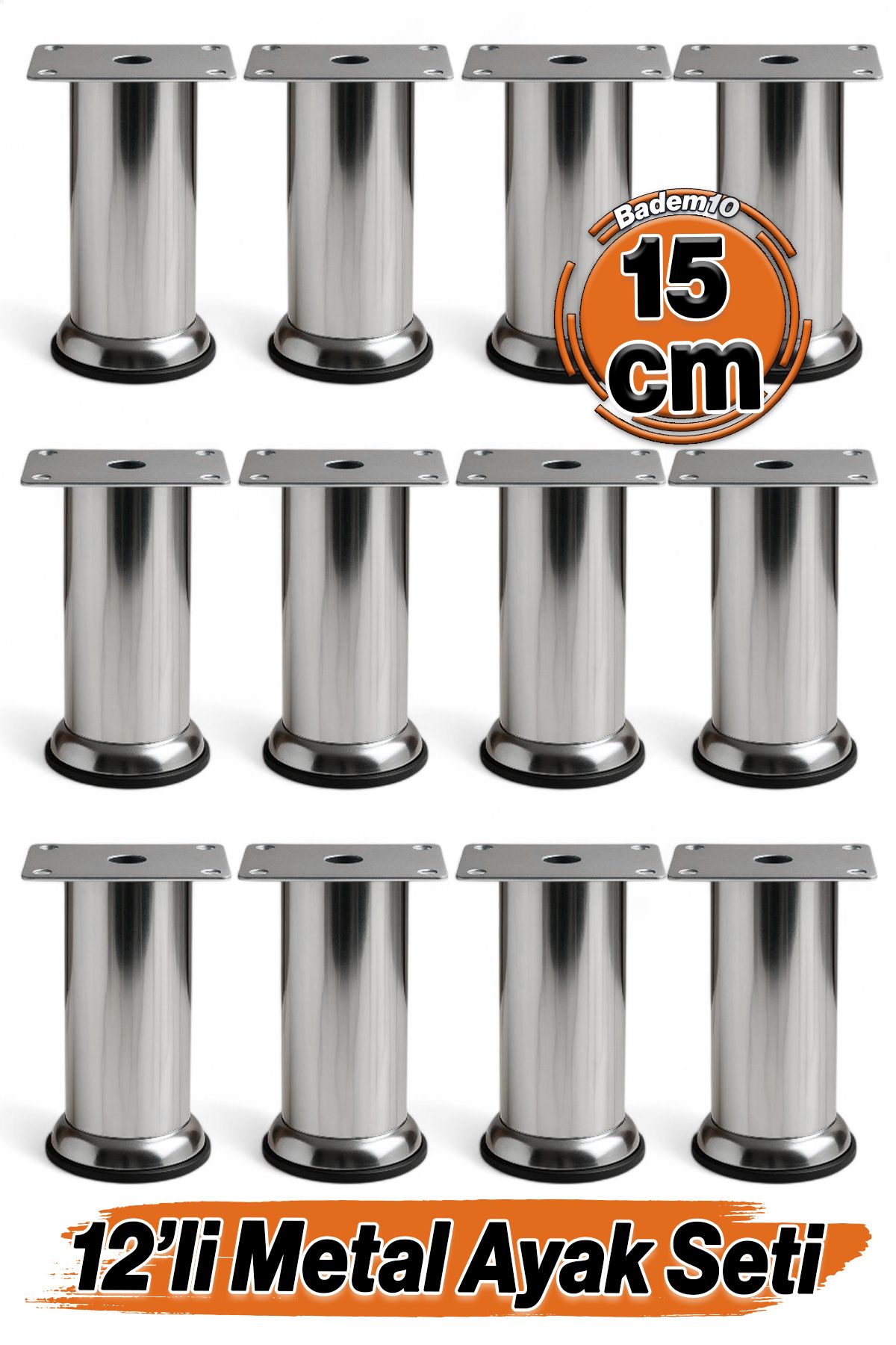 Badem10 (12 ADET) Metal Krom 15 cm Ayakları Baza Mobilya Koltuk Kanepe Yatak Çekyat Destek Yükseltme Ayağı