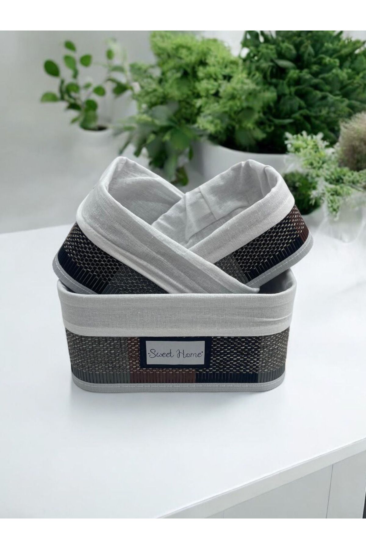ALLEGRI 3'lü Bambu Ekose Kare Organizer Sepet Banyo Mutfak Piknik Organizer Sepet