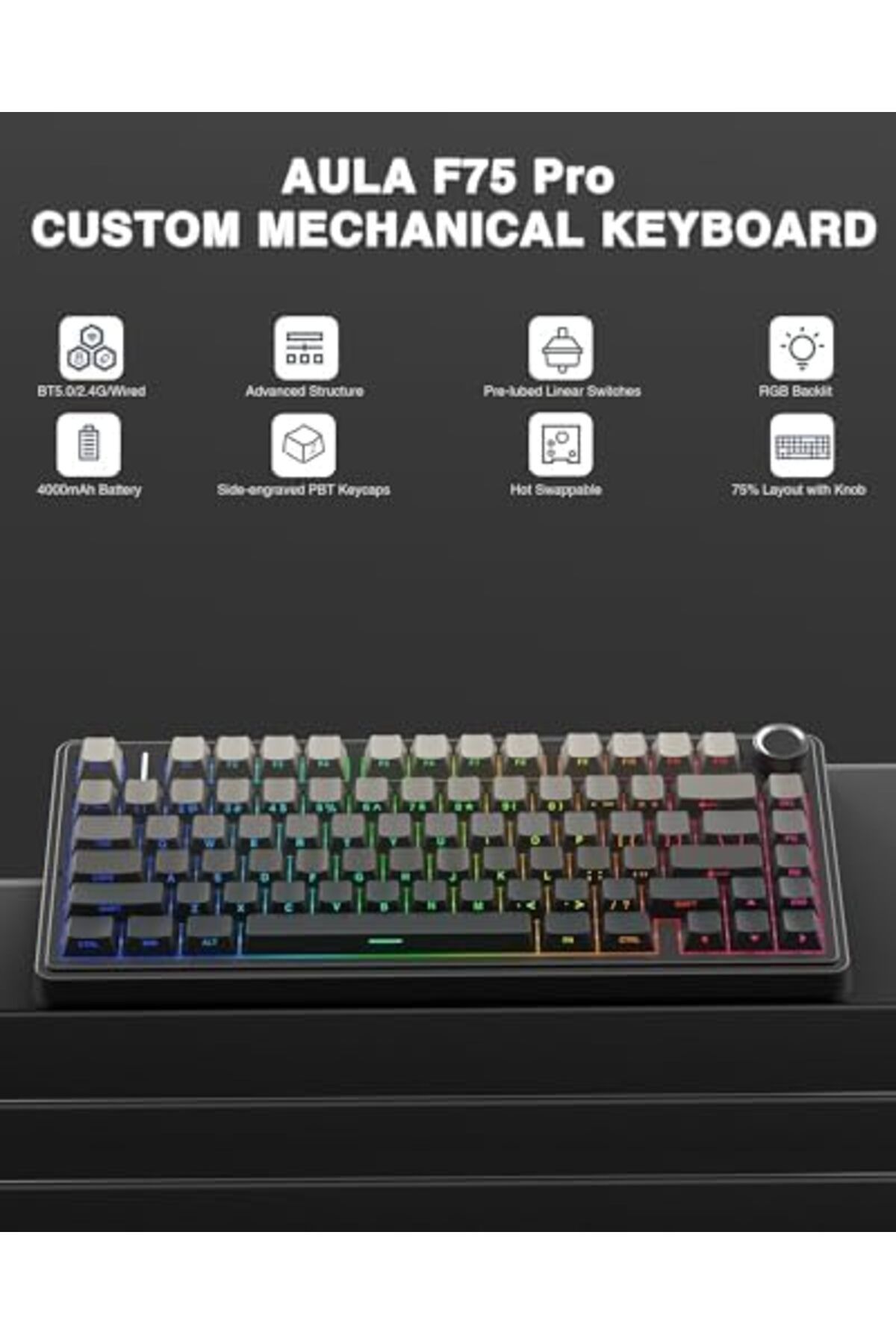 Aula-F75 Pro Mechanical Gaming Keyboard, Side Engraved, 2.4GHz/Type C/BT5.0, 75% Wireless, Swapable 4
