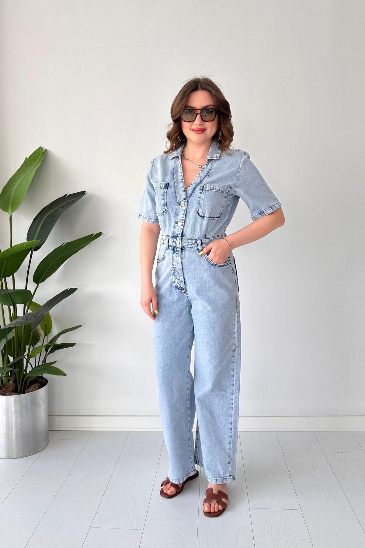 MaziButik V Yaka Denim Tulum Mavi