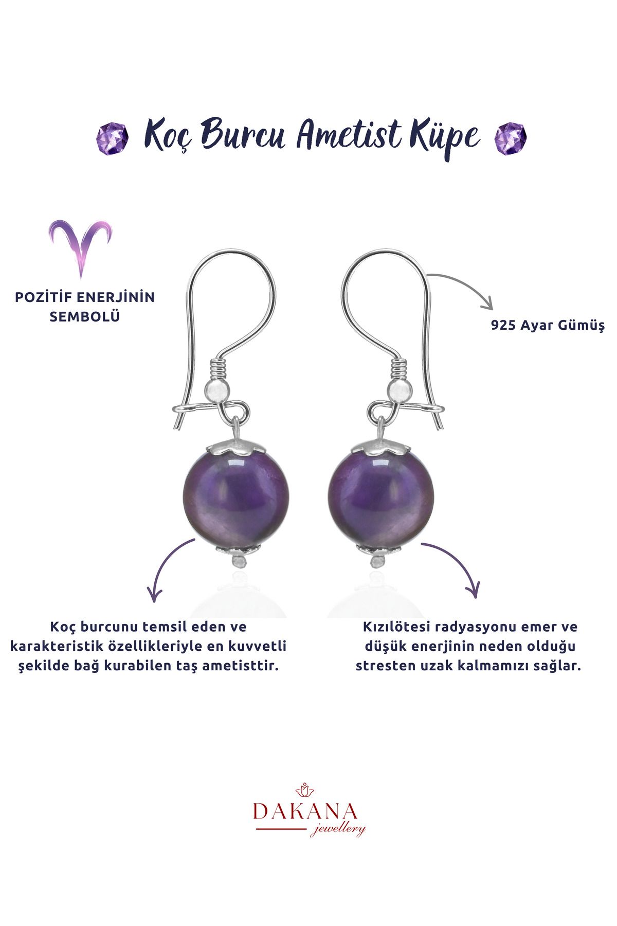 DAKANA JEWELLERY Sertifikalı Ametist Doğal Taş Koç Burcu Gümüş Küpe