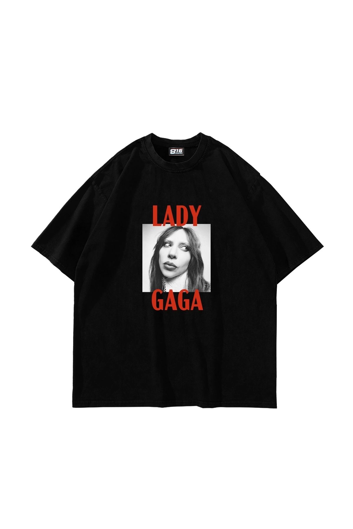 Sekizbiraltı Lady Gaga Photo Baskılı Oversize Unisex Siyah Tshirt