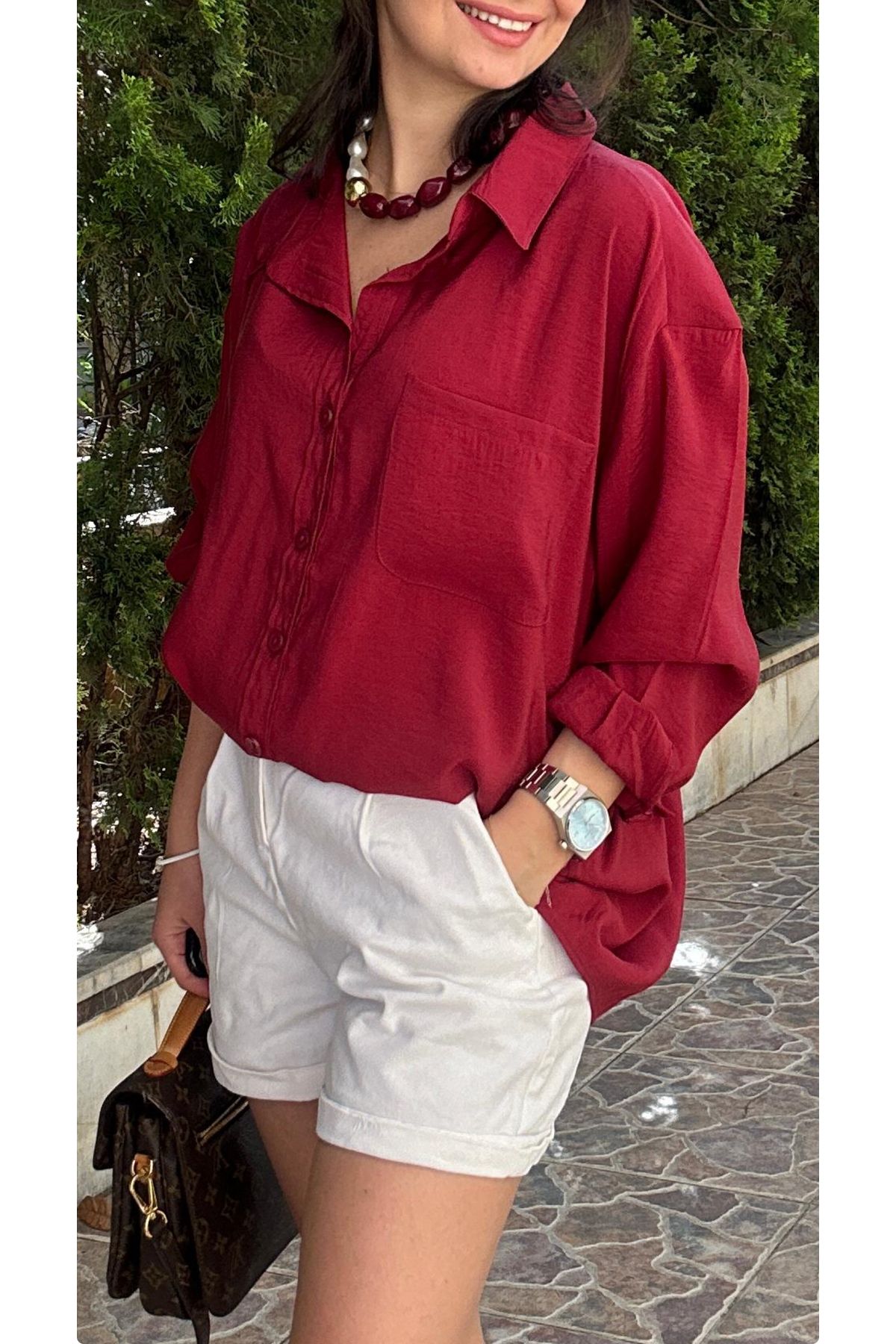 LaSorella Butik KADIN BORDO OVERSIZE GÖMLEK