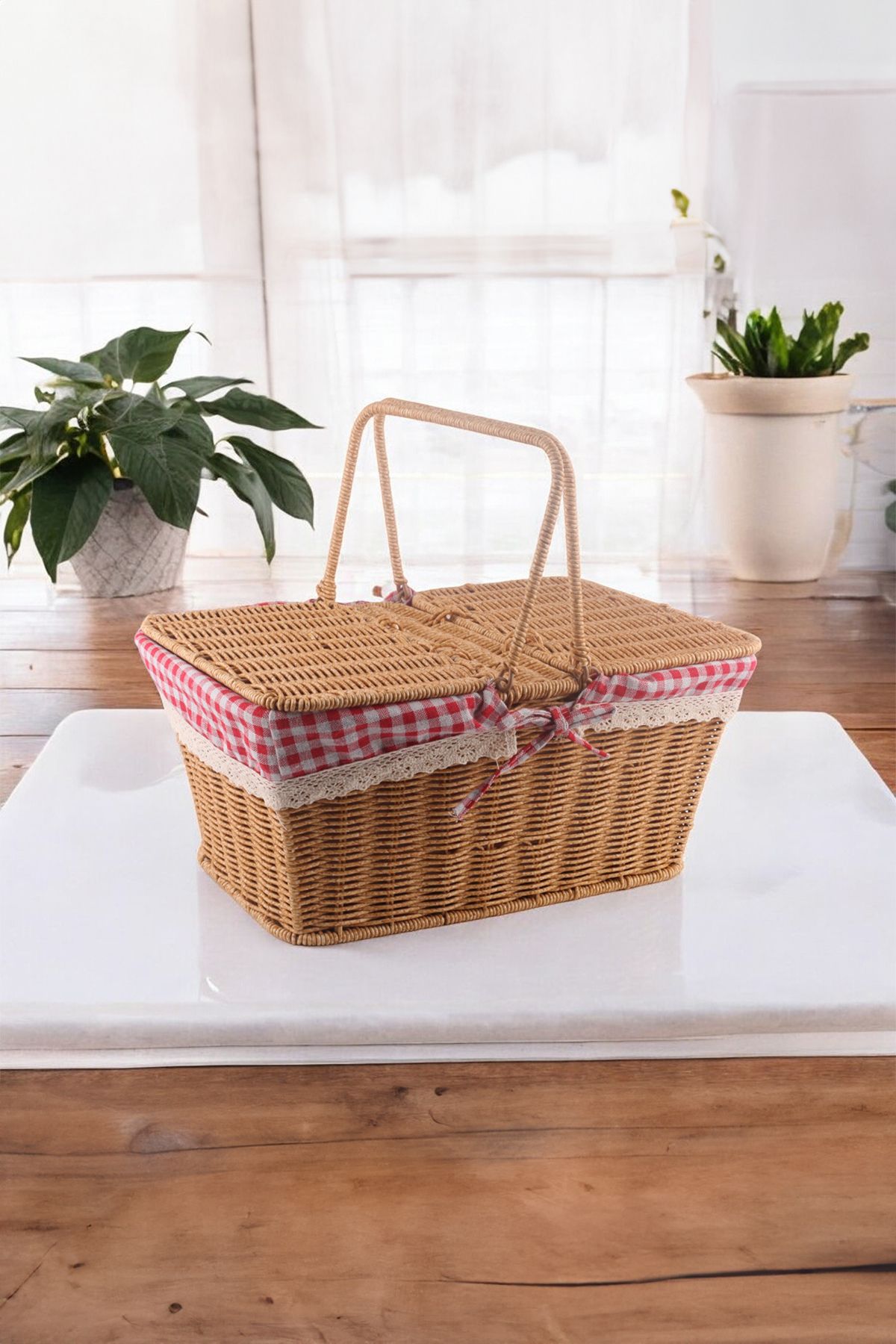 Vadi-Picnic Basket with Lid – Rattan Look, Handles, Checked, Rectangular Wicker Design 3
