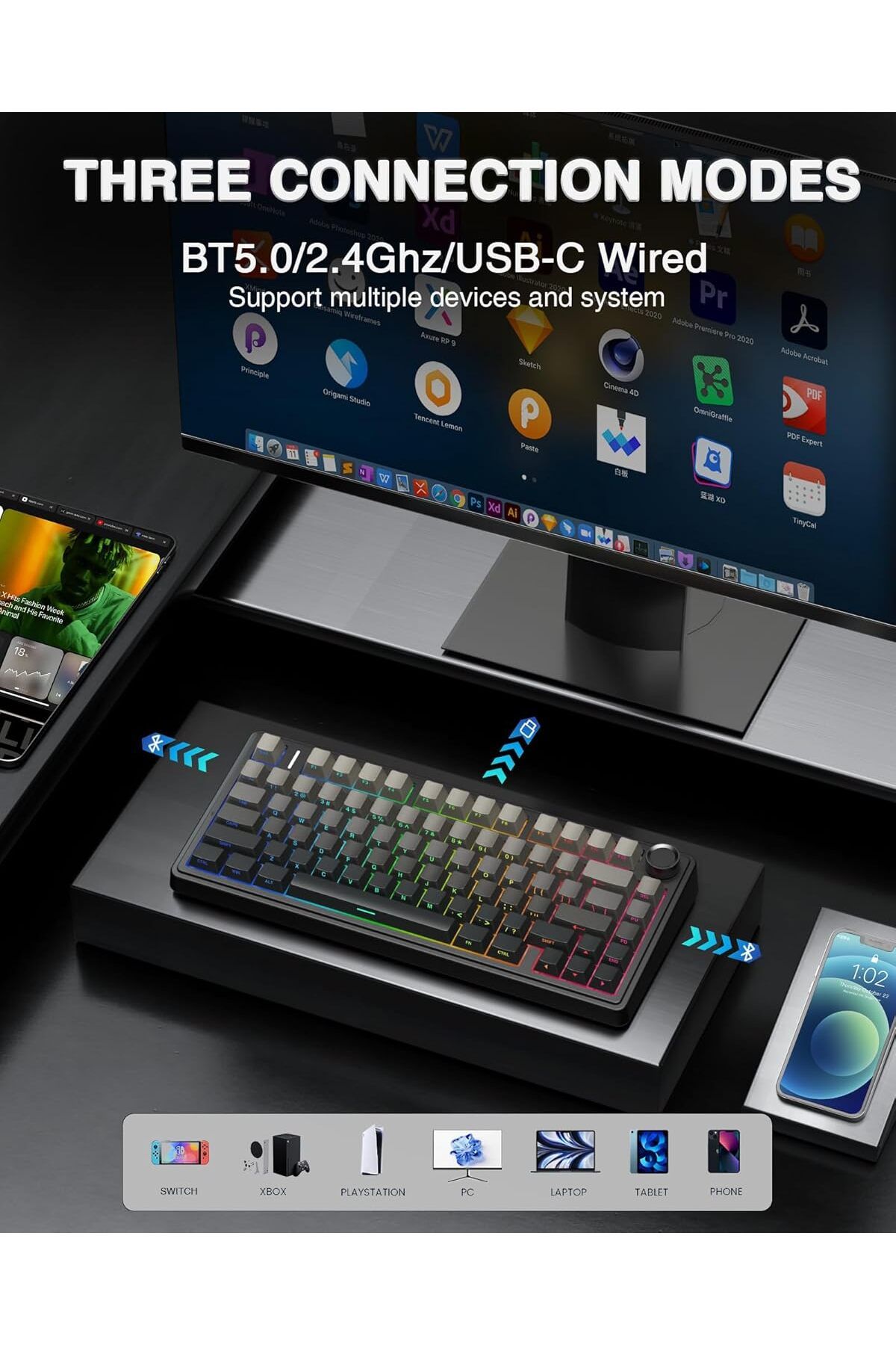 Aula-F75 Pro Mechanical Gaming Keyboard, Side Engraved, 2.4GHz/Type C/BT5.0, 75% Wireless, Swapable 5