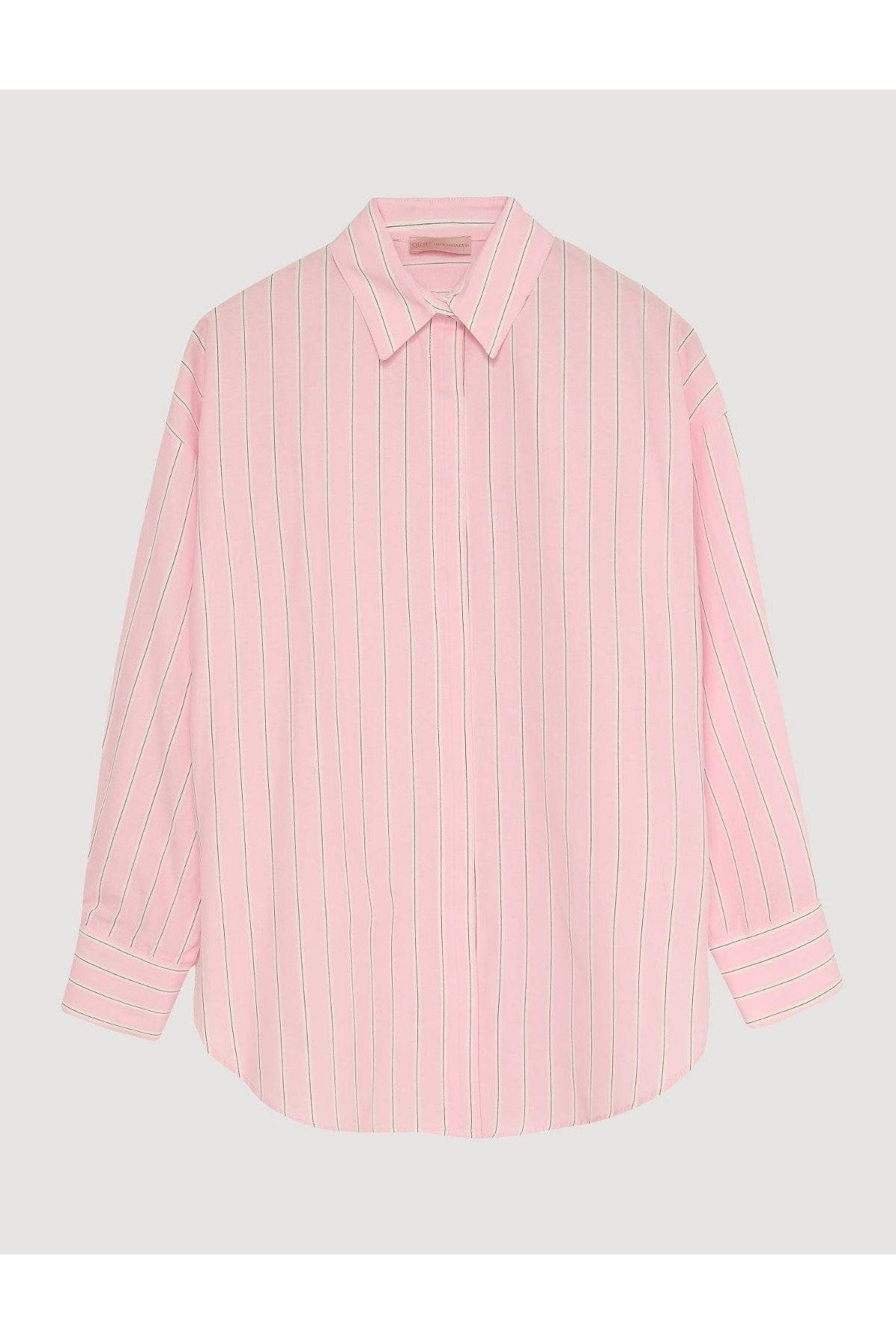 Quzu Kalın Cizgili Gömlek Oversize - Pembe