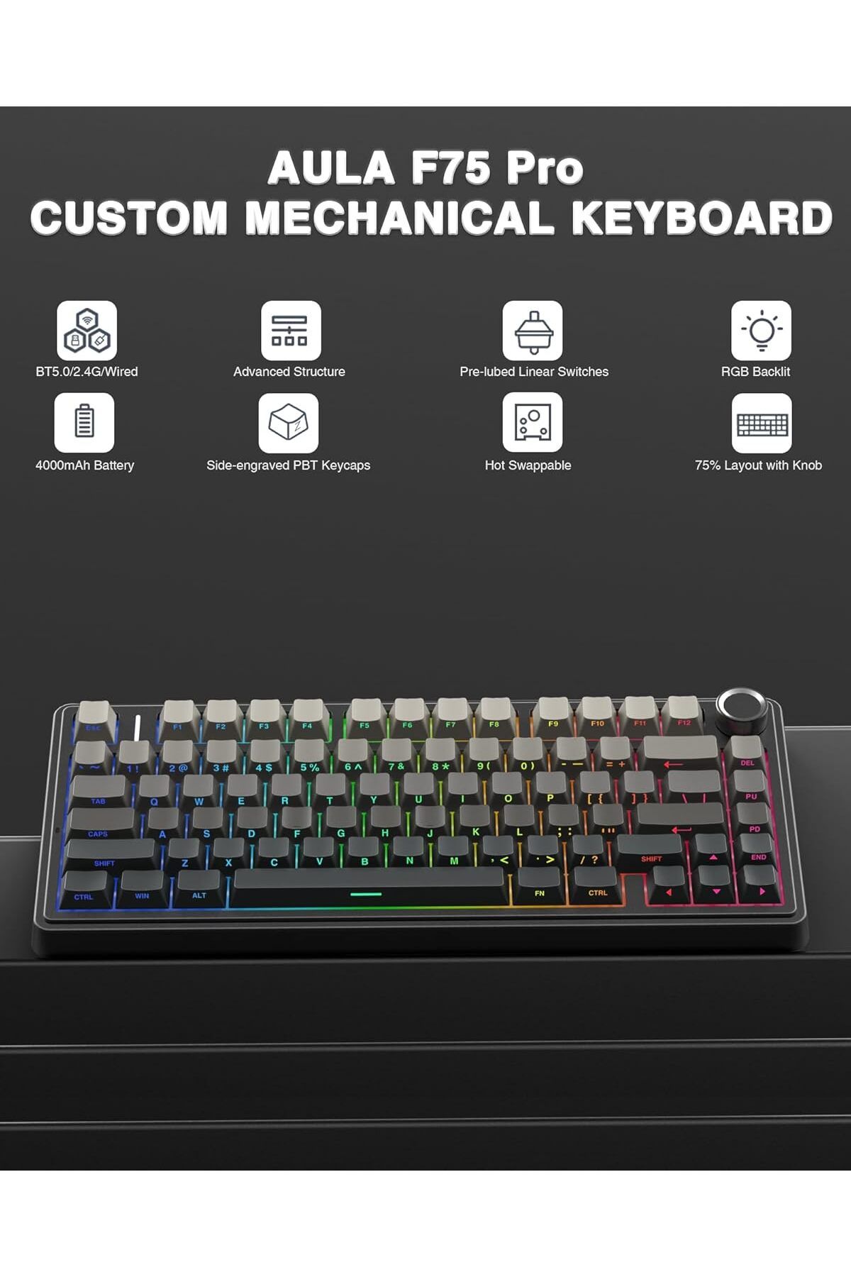 Aula-F75 Pro Mechanical Gaming Keyboard, Side Engraved, 2.4GHz/Type C/BT5.0, 75% Wireless, Swapable 3