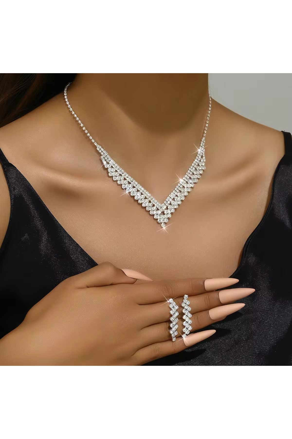 BEREN KILIÇ Hermia Kristal Taşlı Takı Seti Kolye Küpe Hediye Set Düğün Nişan Söz Nikah Takı Seti