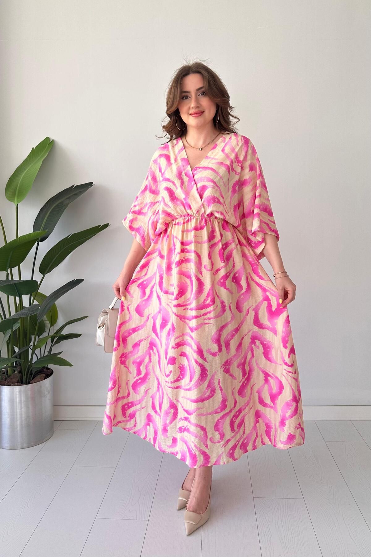 MaziButik Dökümlü Dalga Elbise Pembe