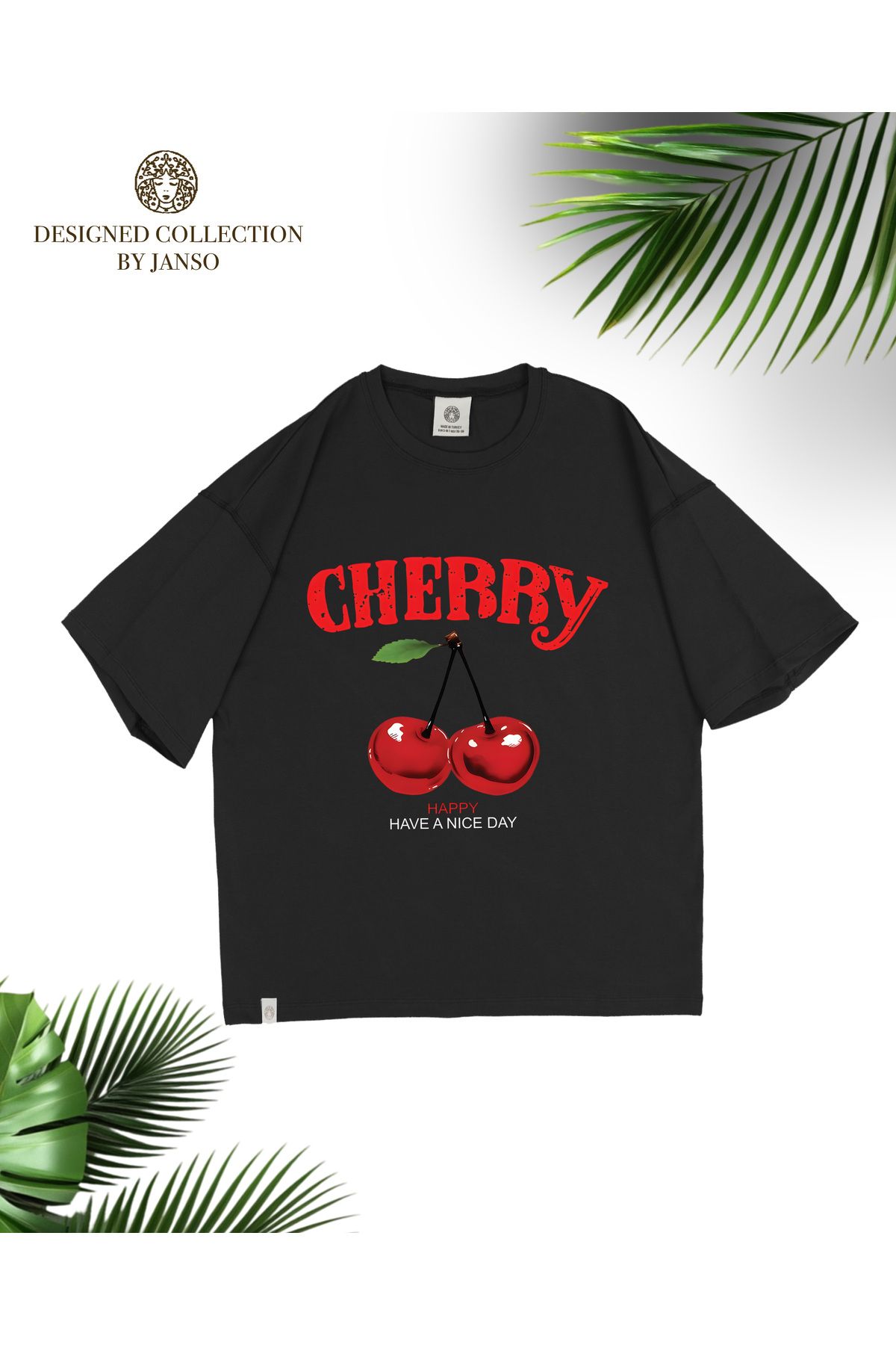 JANSO GROUP -KADIN KISA KOLLU CHERRY BASKILI TSHIRT BÜYÜK BEDEN OVERSIZE PAMUKLU KUMAŞ