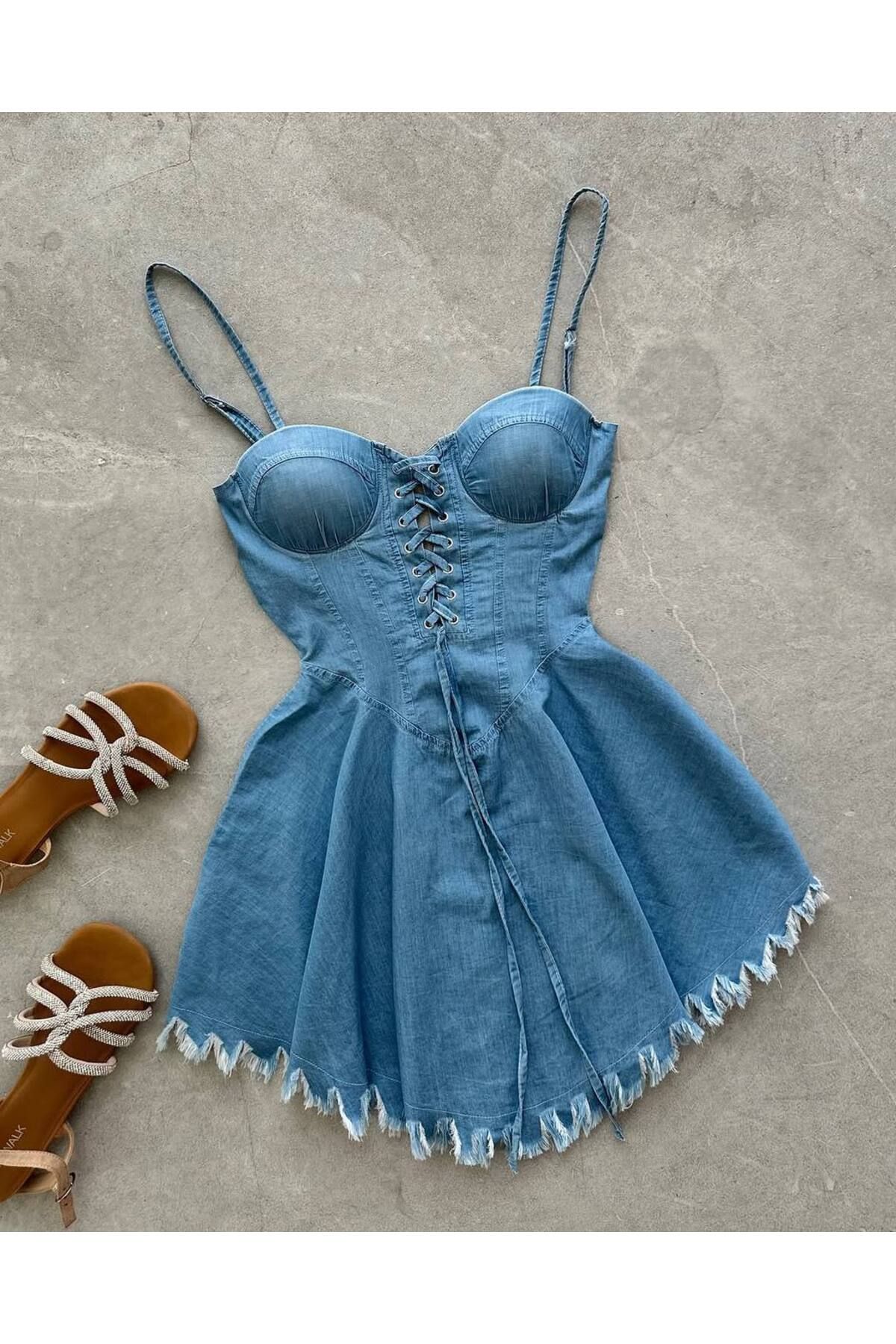 BRGCLOTHING Kadın Tasarım Denim Bele Oturan Mini Askılı Elbise