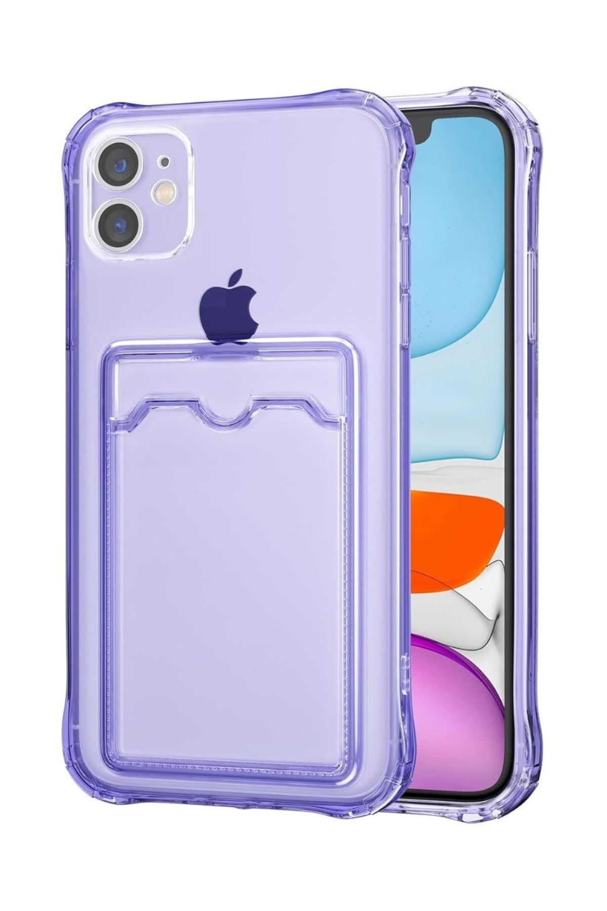 HANPORIUM Apple iPhone 12 Mini Kılıf Darbe Emici Köşe Korumalı Kartlıklı Cüzdanlı Silikon Kapak - Lila