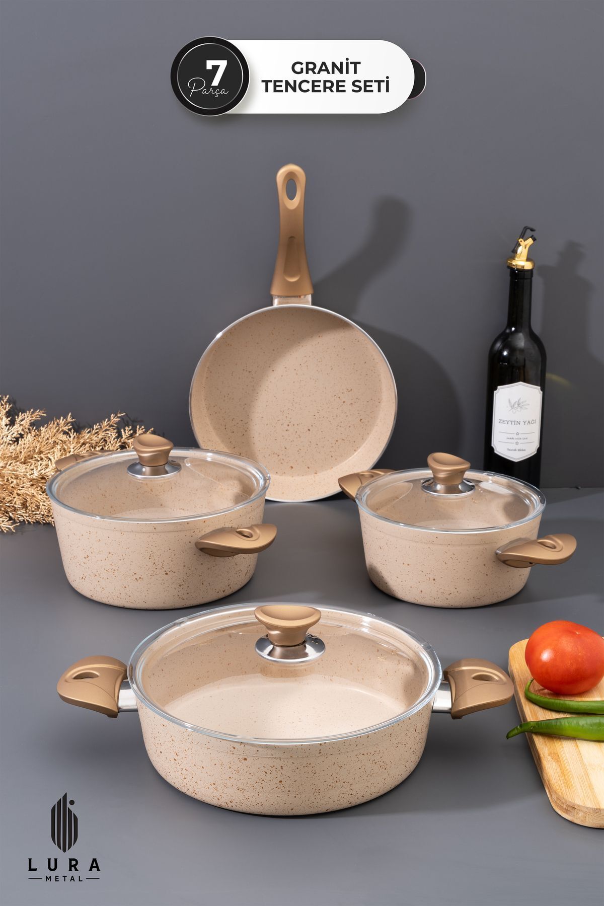 Homekolik 7 Parça Ewx Bakalit Kulp Krem Granit Tencere Seti - 26 cm