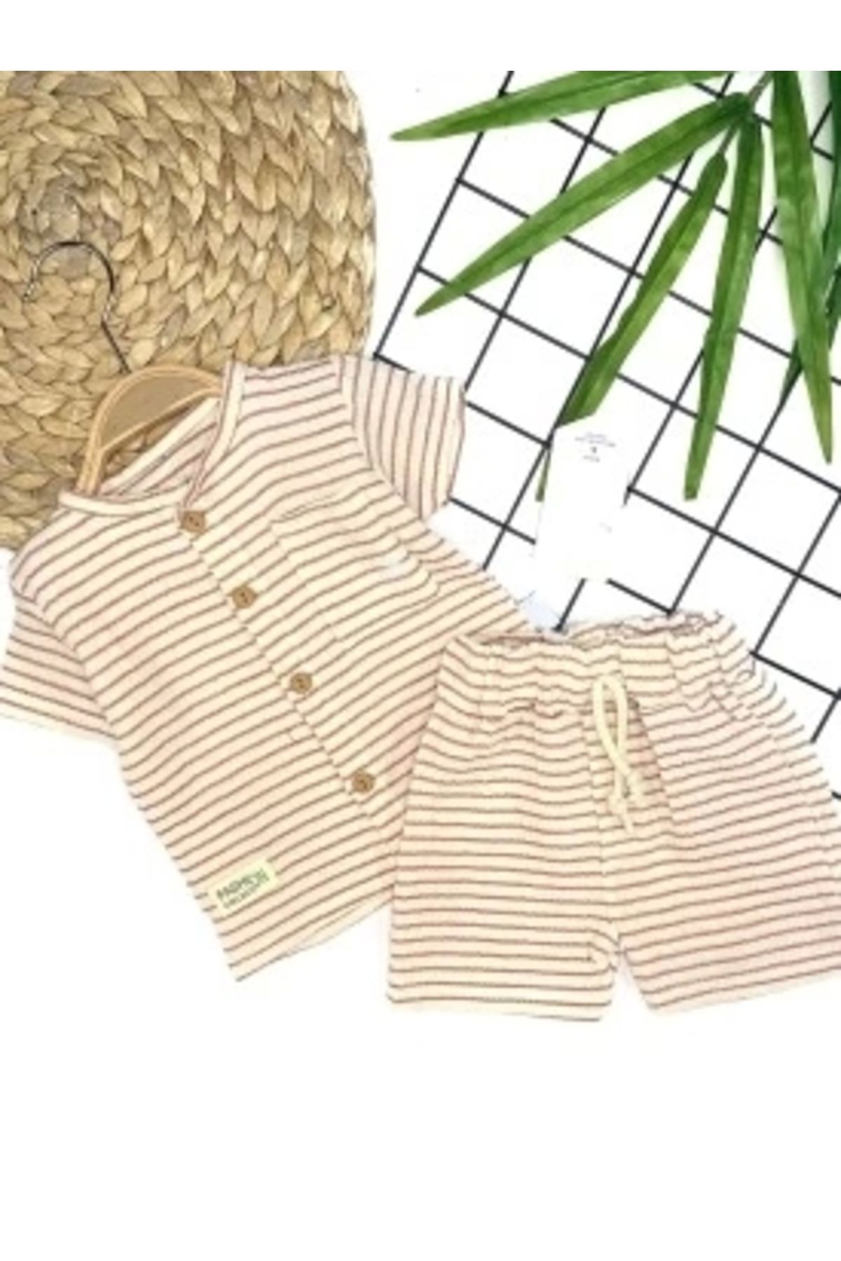 Diji Baby 9-12-18-24 Ay Düğme Detaylı Çizgili Müslin Kumaş Yazlık 2li Erkek Bebek Takımı