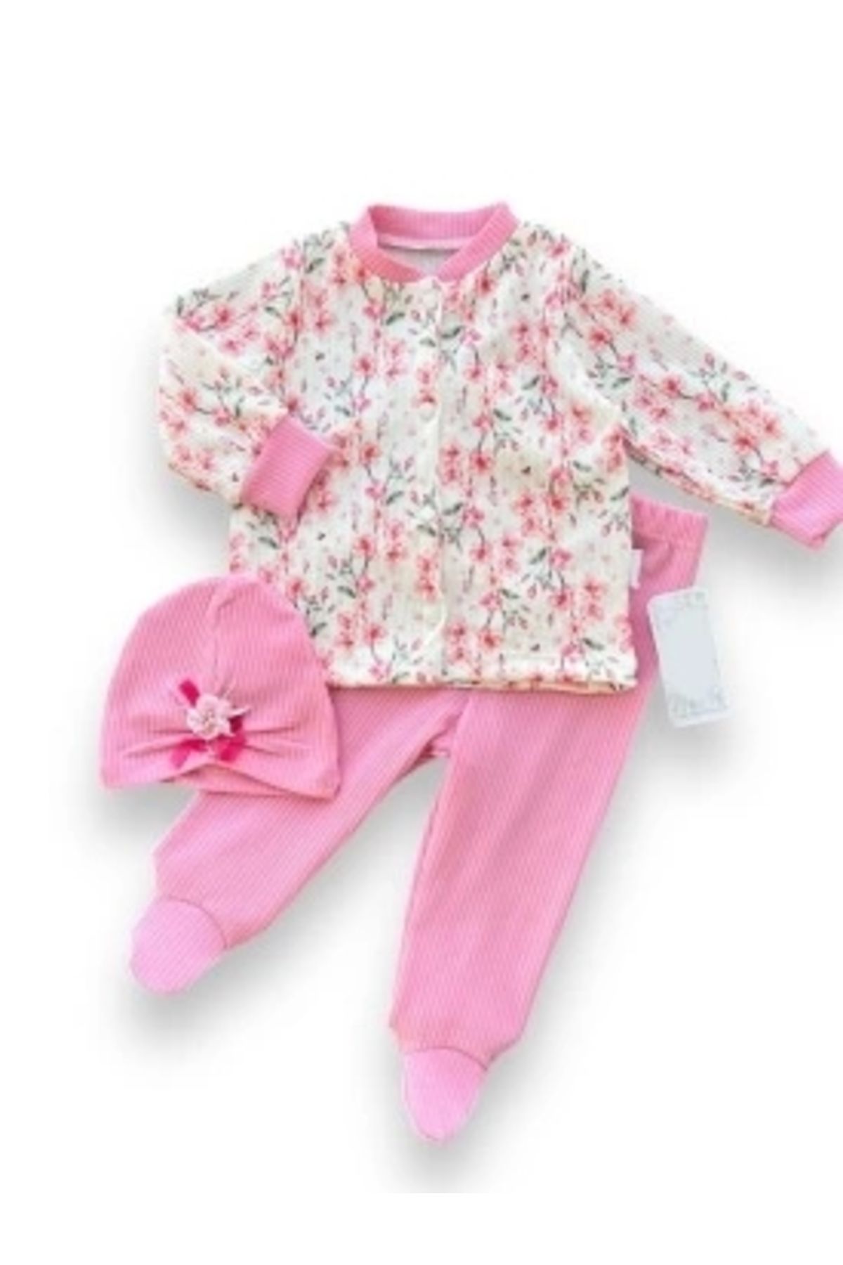 Diji Baby 3-6-9-12 Ay Çiçek Baskılı Şapkalı Çıtçıt Kapamalı Patikli 3lü Kız Bebek Takımı