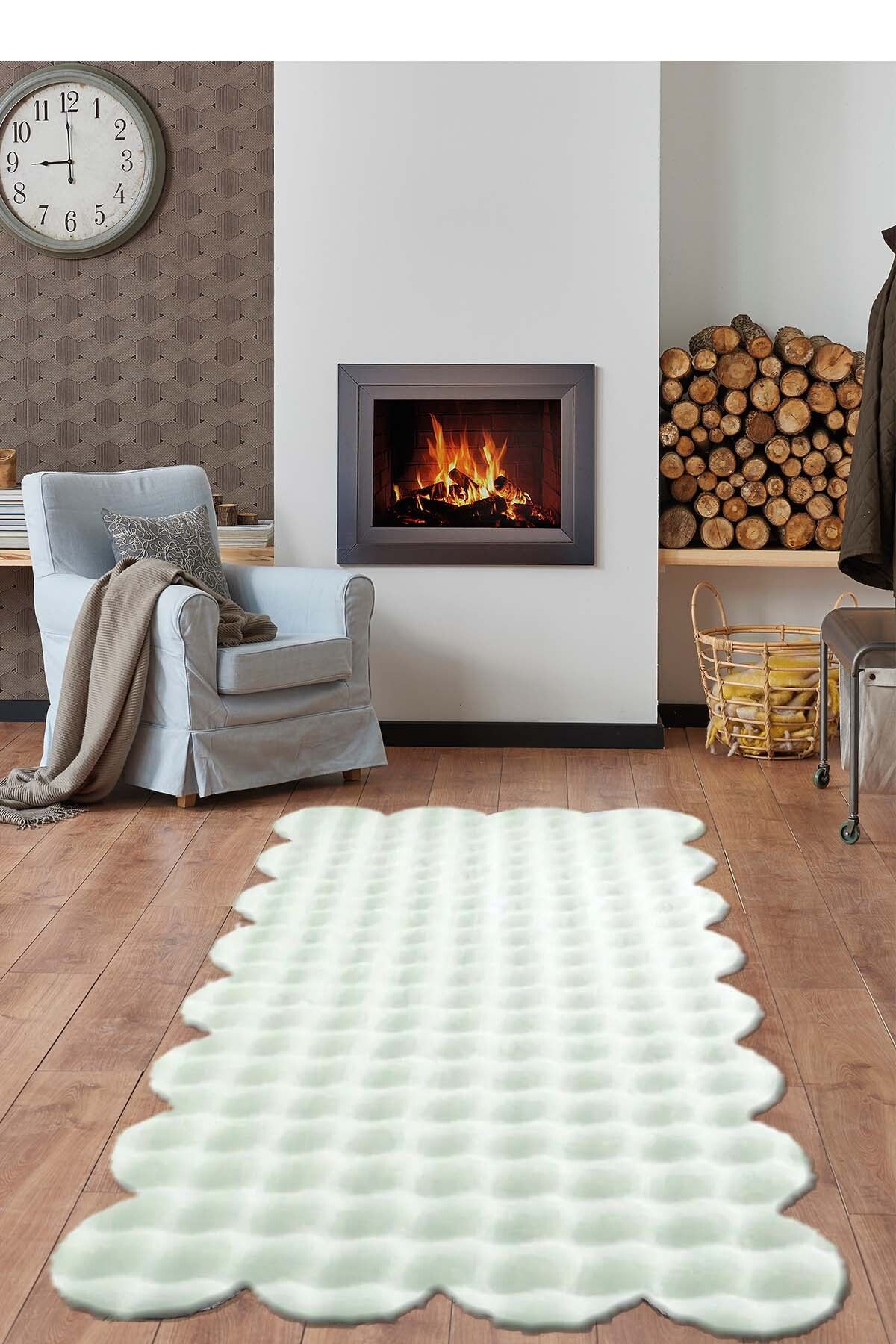 Raschel Carpet Lazer Kesim Beyaz Yumuşak Bubble Kaymaz Özel Taban Peluş Halı Yolluk