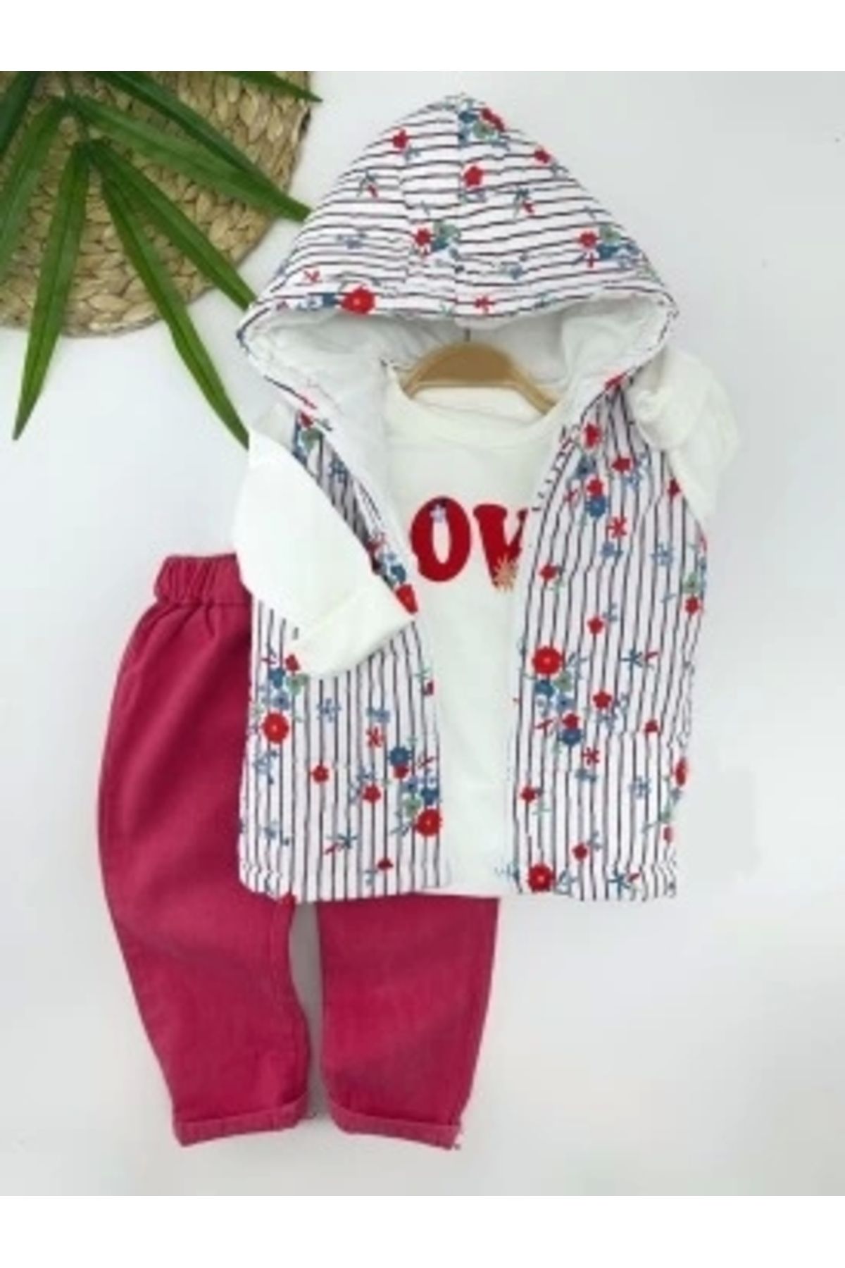 Diji Baby 3-4-5-6 Yaş Kapşonlu Fermuarlı Çiçekli Şişme Yelek Sweat Pantolonlu 3lü Kız Erkek Çocuk Takımı