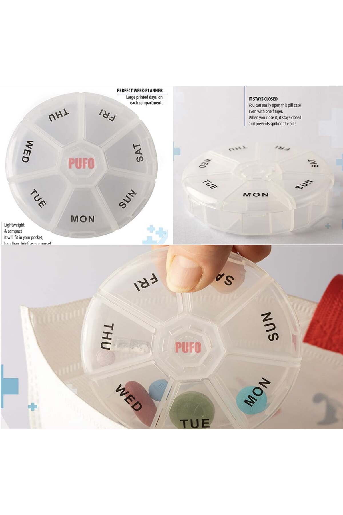 PUFO-Round box for organizing medicines, vitamins or supplements for a week, Pufo Pill, 9 cm, transparent 4