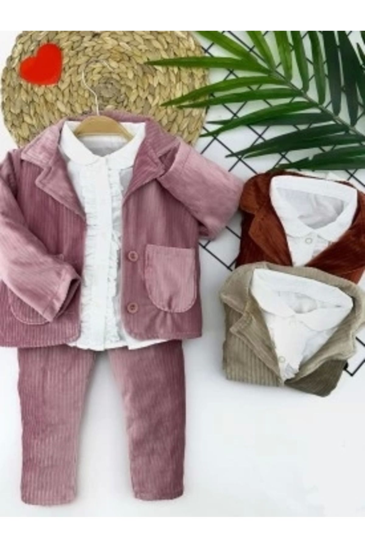 Diji Baby 2-3-4-5 Yaş Düğme Kapamalı Fırfır Gömlekli Kadife Ceket Pantolon 3lü Kız Bebek Takımı