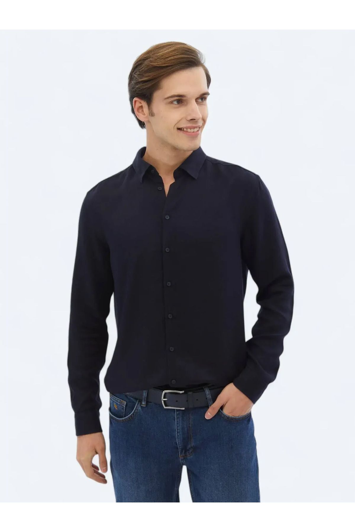 Kip Lacivert Fitilli Regular Fit Dokuma Casual Gömlek