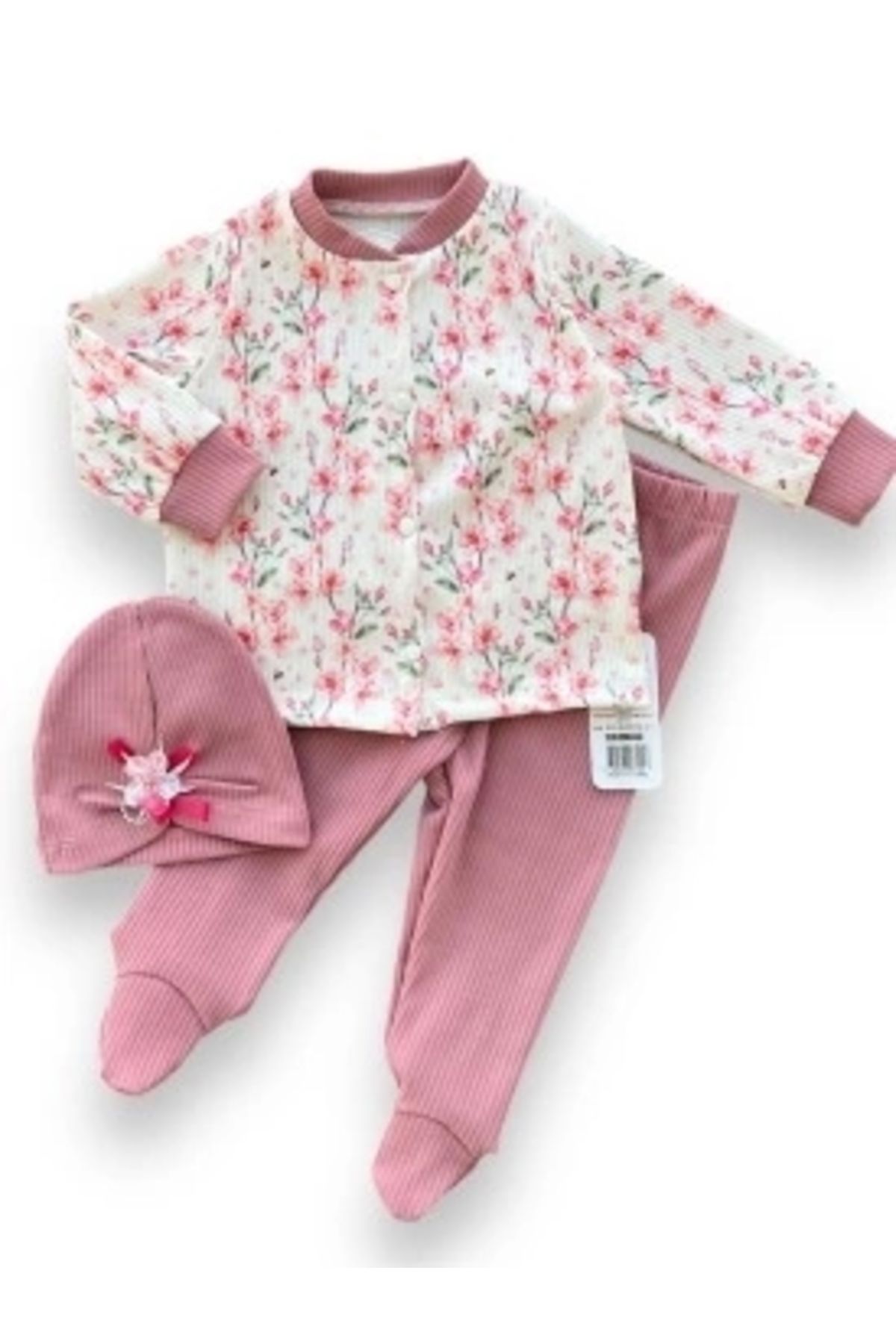 Diji Baby 3-6-9-12 Ay Çiçek Baskılı Şapkalı Çıtçıt Kapamalı Patikli 3lü Kız Bebek Takımı